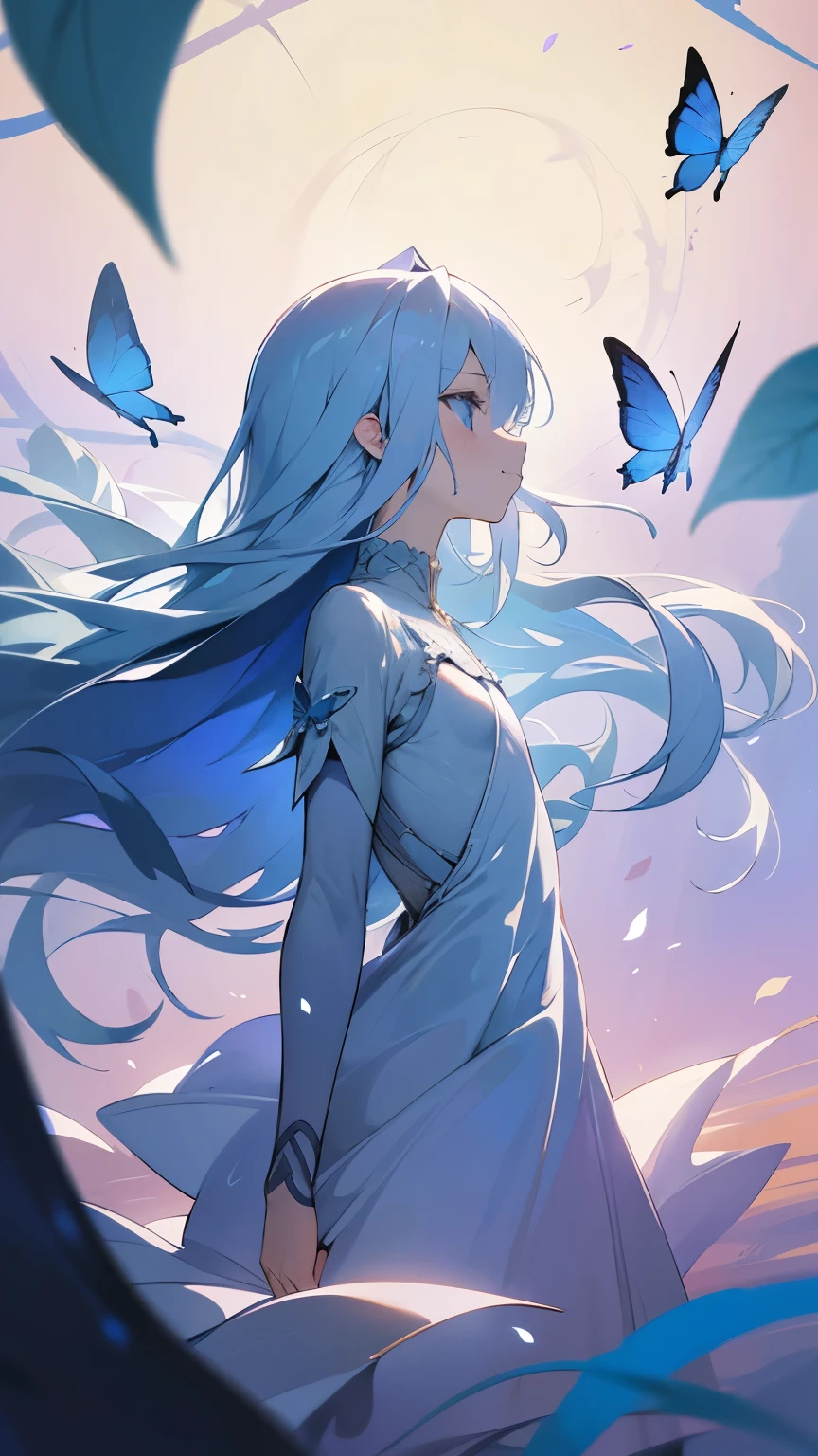 Butterflies Flying,falling petals,Cute 1 girl、、(light blue eyes:1.15)、silver hair、very long hair、white skin、closed mouth、(flat chest:1.2)、chiffon dress、Surrounded by blue butterflies、(despair:1.3)、gothic、foliage、(vines:1.1)、(dawn light:1.2)、(Depth of the bounds written:1.4)、soft writing,soft focus,blurry image,high lighting,low contrast,The overall atmosphere is like an oil painting.,profile,cornflower art