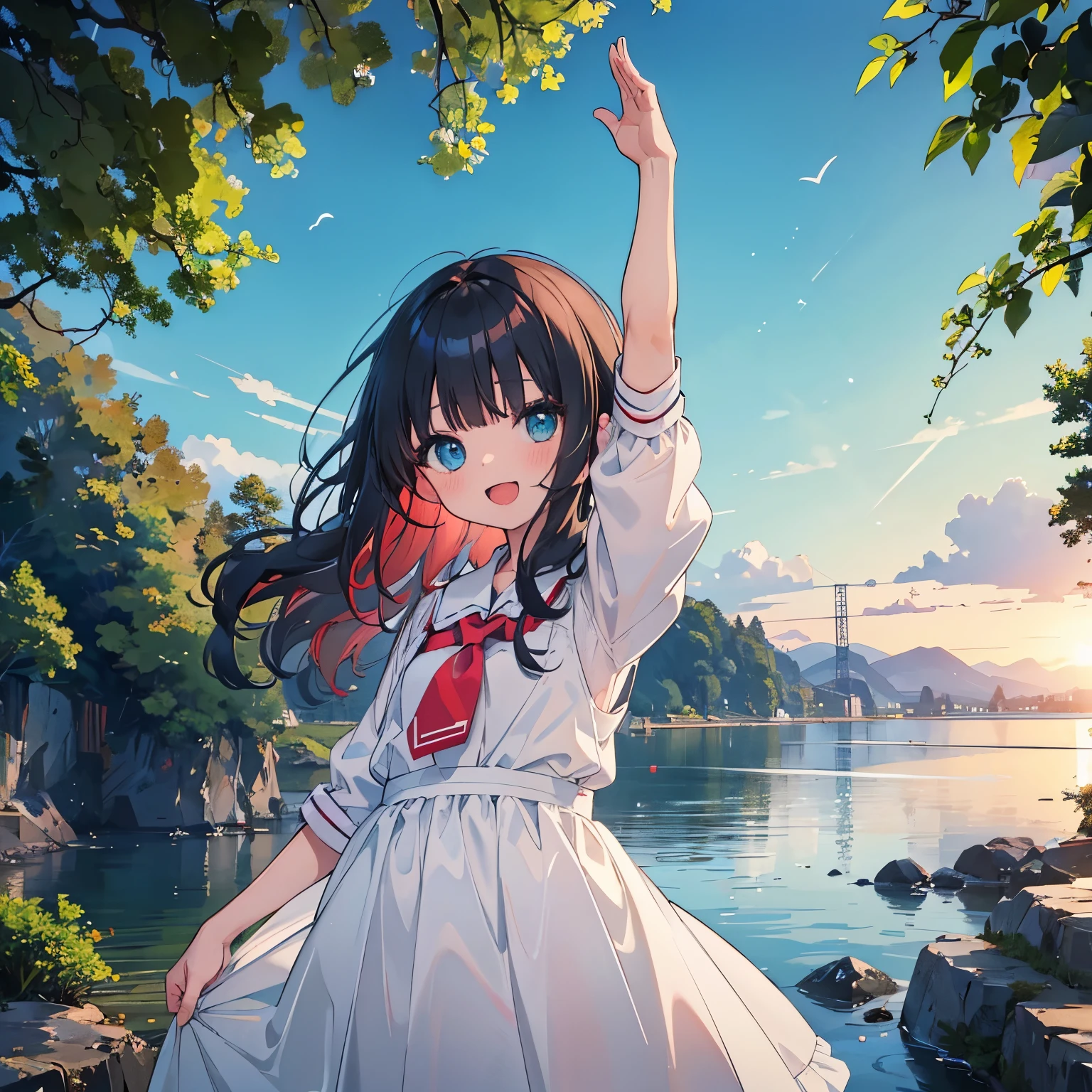 (傑作), 背景, 水上都市, 幻想的, 1女の子,red and blue heterochromia, smile＋happy, medium hair, blunt bangs, flipped hair, black hair, red inner hair, (wavy hair), 上半身, arms up, open mouth, ((正面)), アホ毛, from below, 