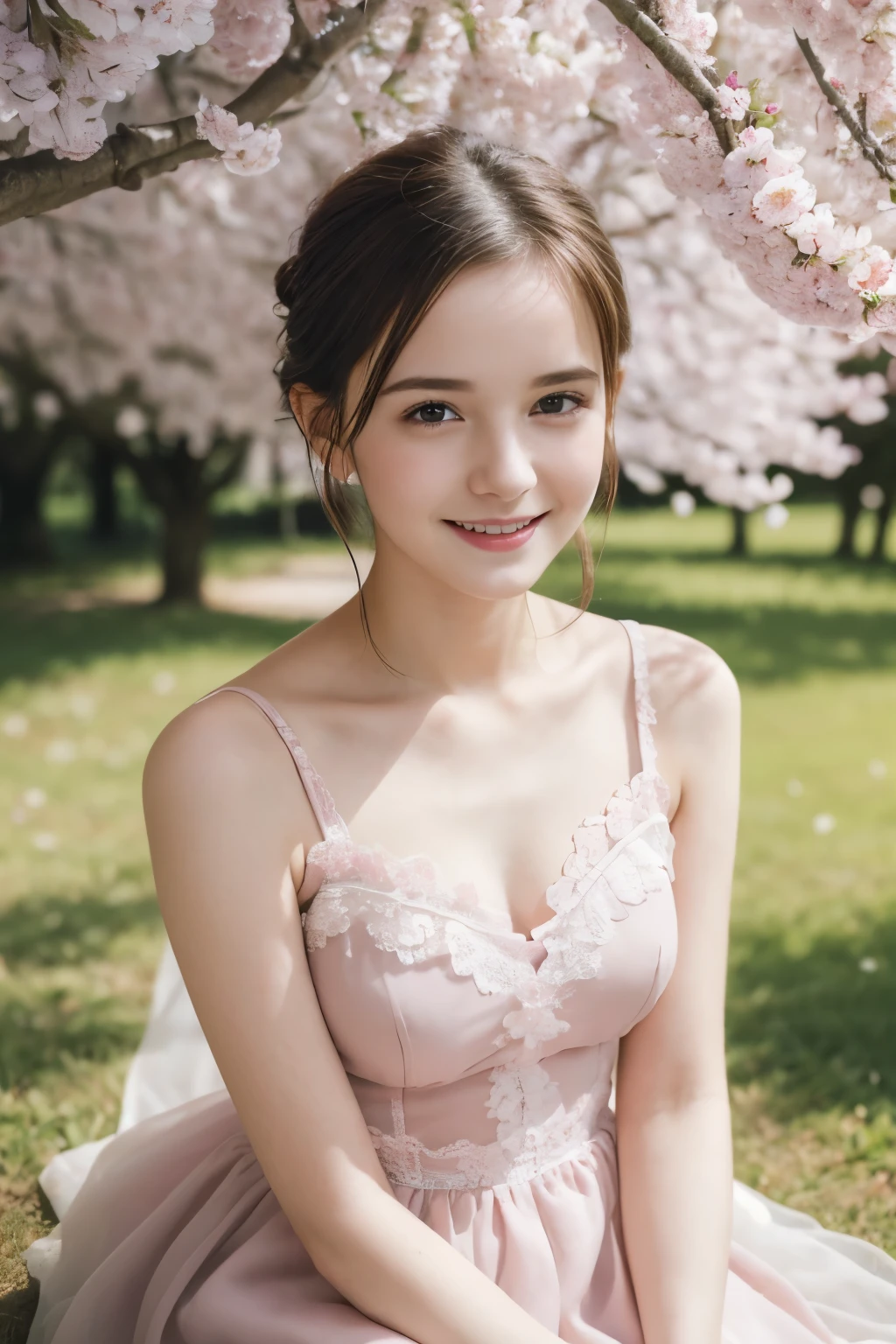 Masterpiece, Best quality, 8k, 18 ans, Photo brute, absurdes, Award-winning portrait, sourire, sourire, pure, french, elegant vibrant pink dress, spring, orchard in bloom, laces, famous singer, cute, sitting