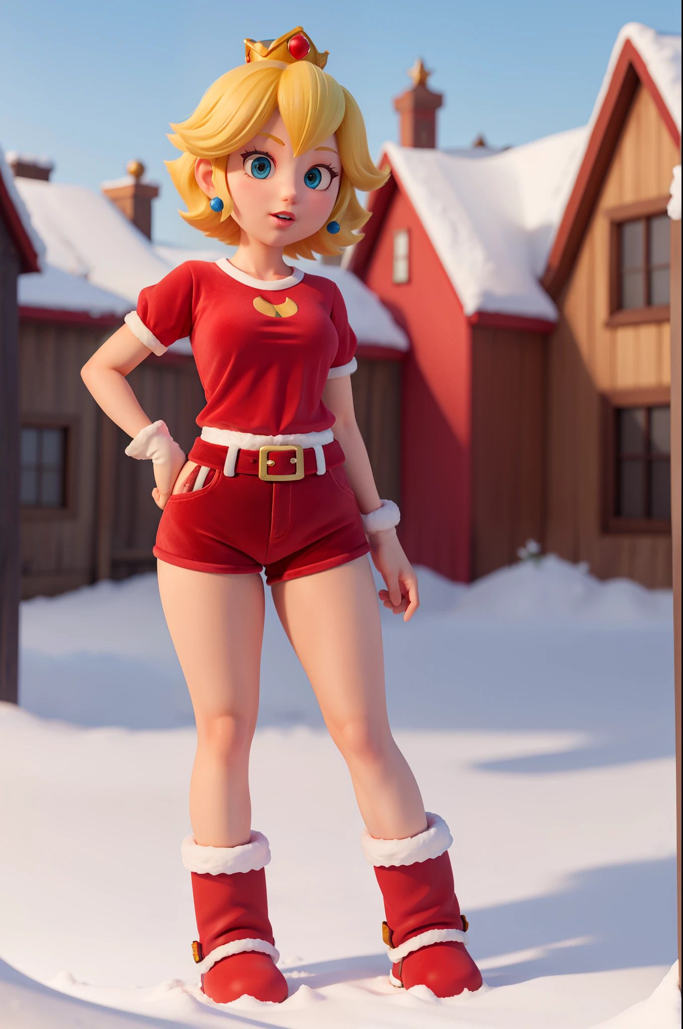 princess peach,short yellow hair,red christmas velvet shorts,velvet t-shirt,thick thighs, thin hips,in the outdoor,standing,focus front crotch,snow boots