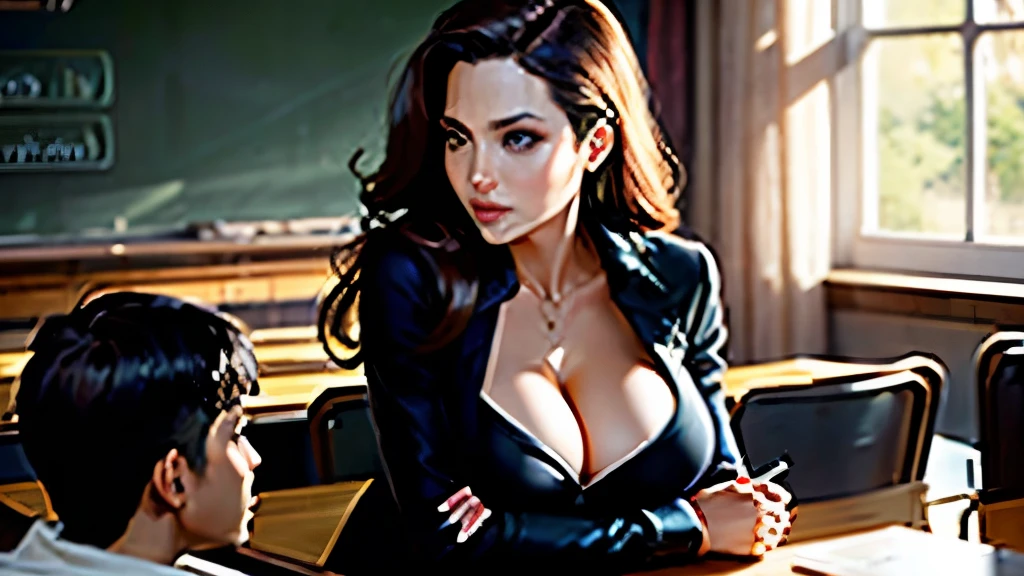 two people, angelina and a boy, jolie is a teacher, she is with a 13 year old boy, a student next to her, angelina wears a low-cut shirt, huge breasts, long and hanging breasts.