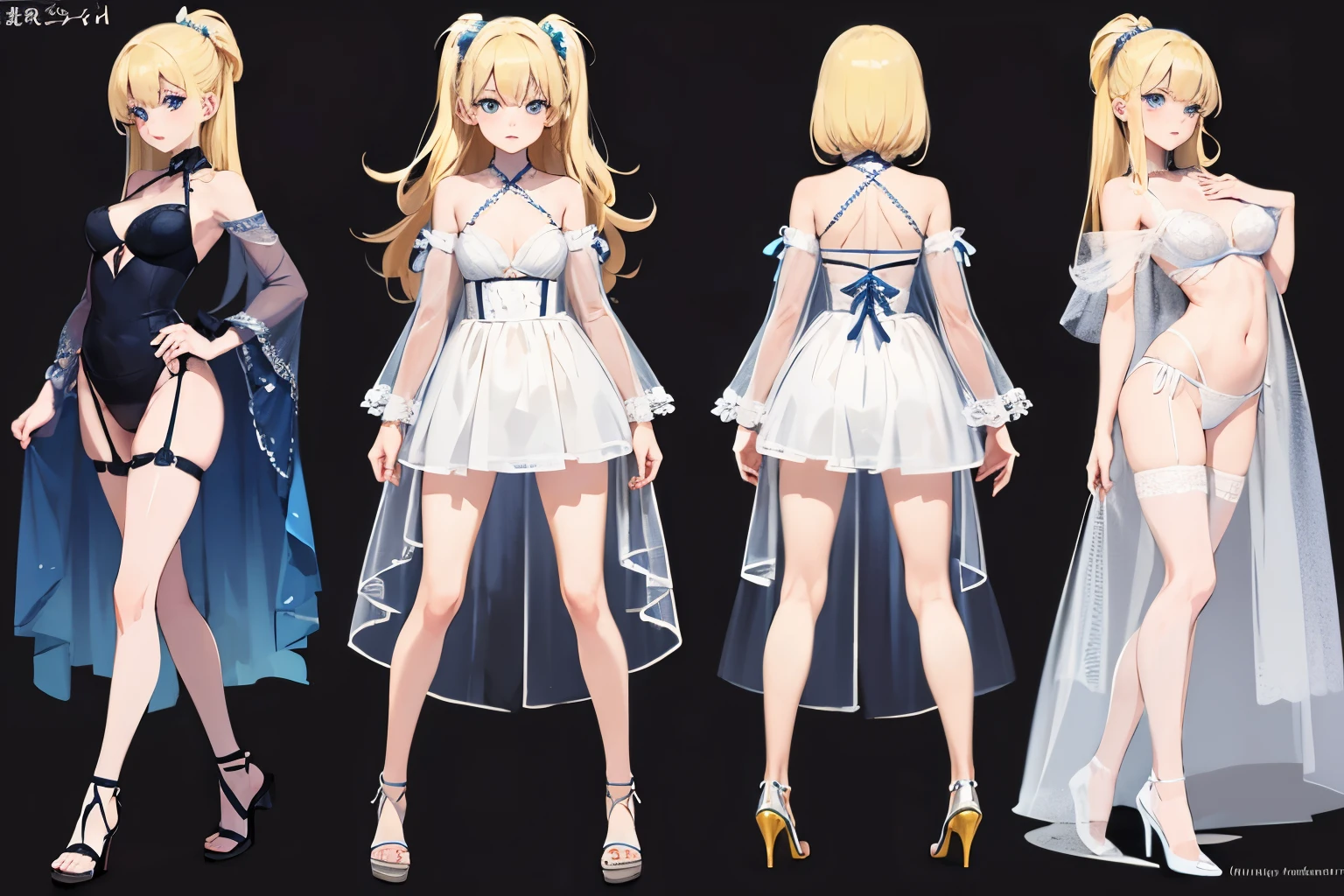 pose model sheet, blonde, blue eyes, hero pose, looking forward, best quality, masterpiece, anime girl, lingerie