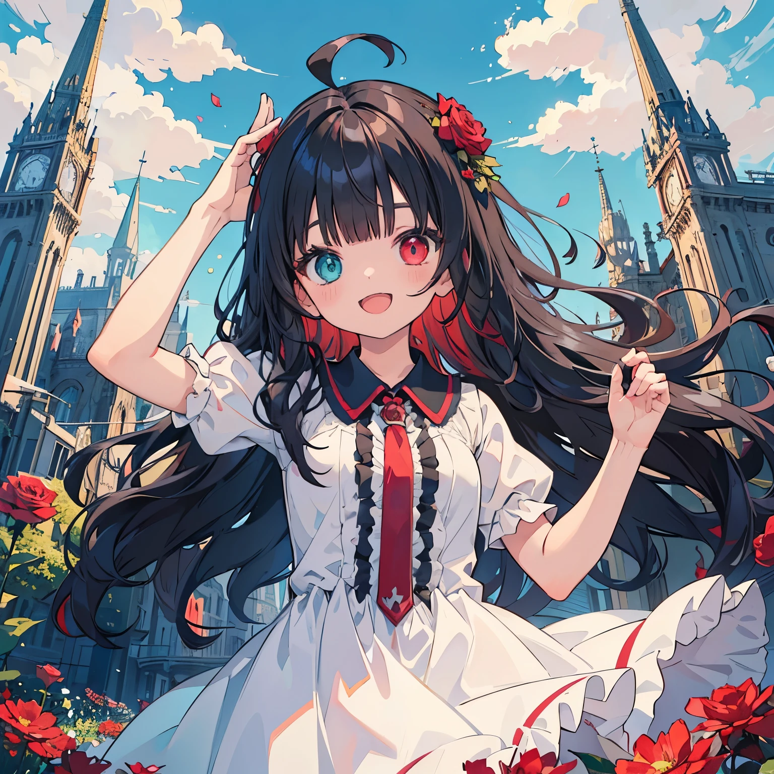 (masterpiece), background, floating city, fantasy, 1 girl,red and blue heterochromia, smile+happy, medium hair, blunt bangs, flipped hair, black hair, red inner hair, (wavy hair), Upper body, arms up, open mouth, ((front)), Ahoge, from below, frill dress, flowers dance, red rose