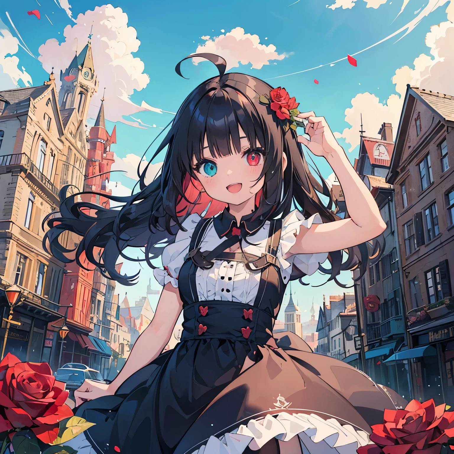 (masterpiece), background, floating city, fantasy, 1 girl,red and blue heterochromia, smile＋happy, medium hair, blunt bangs, flipped hair, black hair, red inner hair, (wavy hair), Upper body, arms up, open mouth, ((front)), Ahoge, from below, frill dress, flowers dance, red rose
