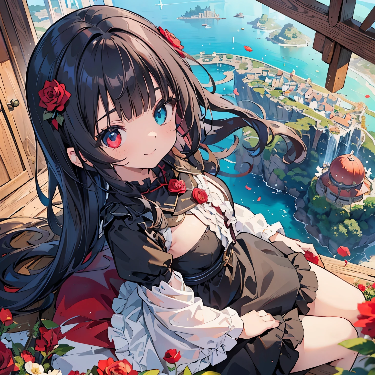 (masterpiece), background, floating city, fantasy, 1 girl,red and blue heterochromia, smile＋happy, medium hair, blunt bangs, flipped hair, black hair, red inner hair, (wavy hair), Upper body, wariza, ((front)), Ahoge, from below, frill dress, flowers dance, red rose, sitting, ((from above)), beautiful detailed eyes
