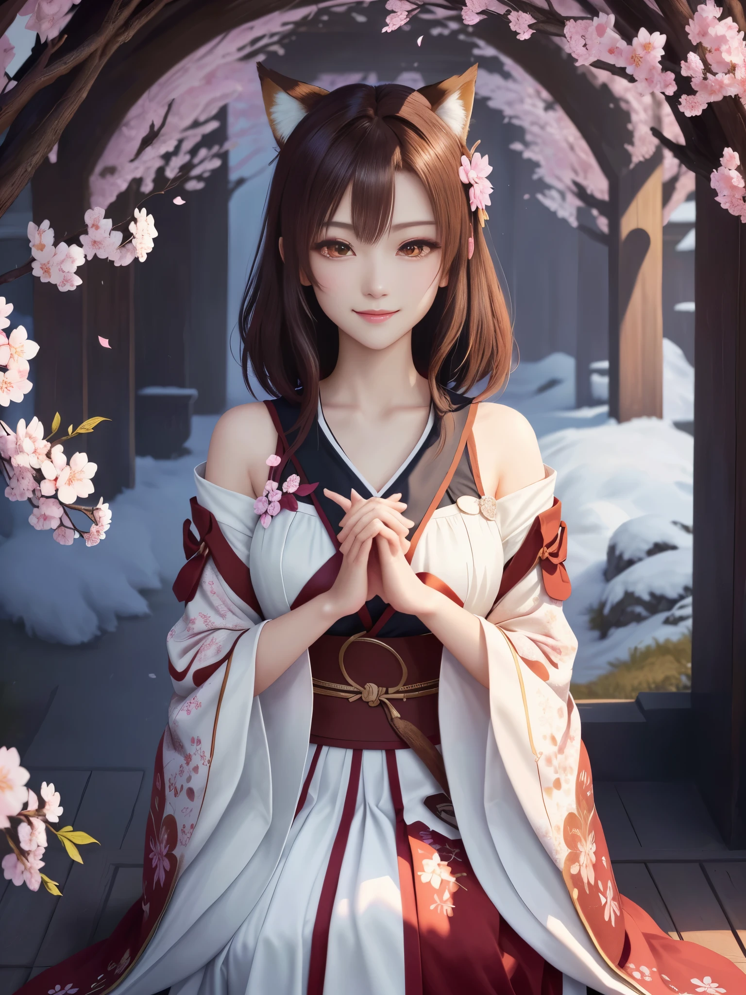 masterpiece , best quality,close up of face,smile,the whole body is facing forward,exposed,bright brown hair,slender body shape,brown eyes,sharp contrast,short hair,美しいフォルムのshort hair,just one person,precision quality,Faithfully reproduced eyes, 一面に咲くcherry blossom background,masterpiece, 幻想的なcherry blossom background,cherry blossom background,beautiful details, colorful, delicate details, delicate lips, intricate details, genuine, ultrargenuineista, 枝に座っている色とりどりの髪のFoxを持つ女の子:Mature, bright eyes, ,色とりどりのFox, raposa de nine tails, 三尾Fox, 三尾Fox, onmyoji detail art, beautiful fine art illustration, mythical creatures, Fox, beautiful digital art,shrine maiden,hold hands,exquisite digital illustration, mizutsune, Inspired by mythical wild web creatures, pixiv in digital art, shining light, high contrast, Mysterious,