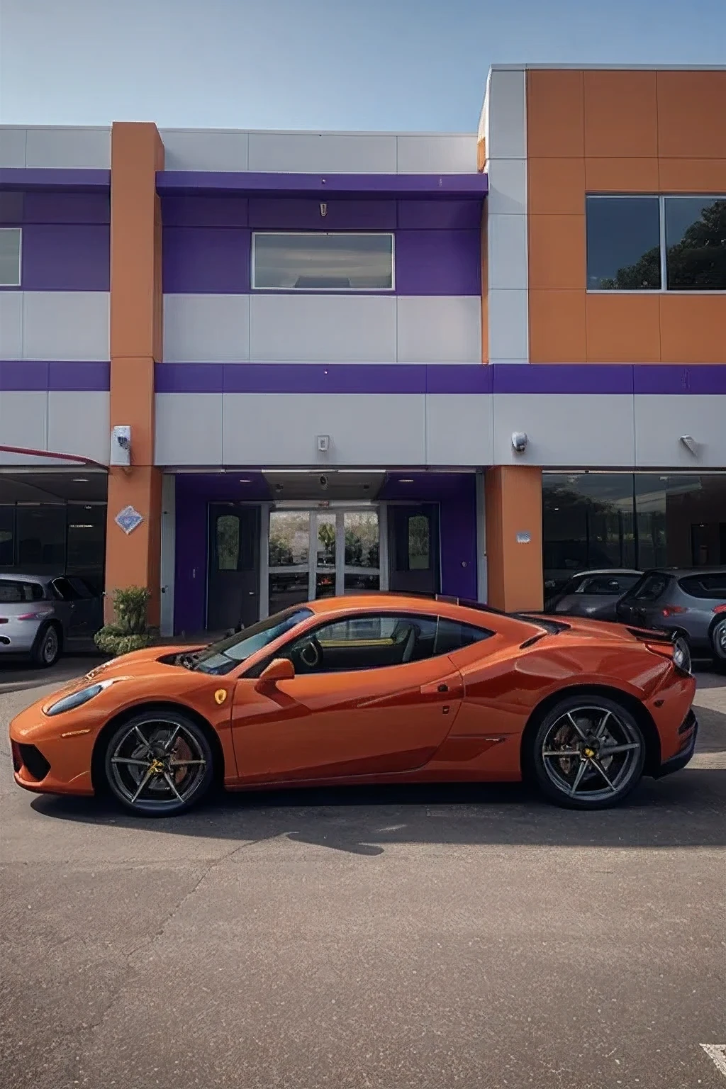 orange ferrari with gradient purple, realista, side view of the car, car park at a dealership in the background