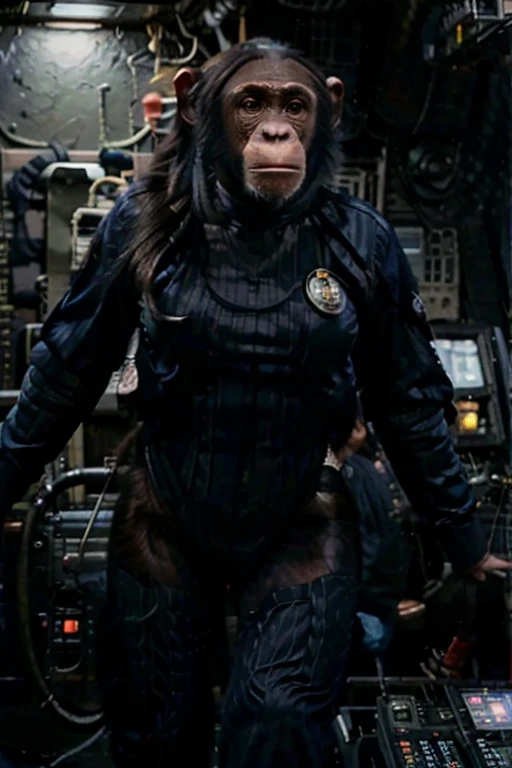 female chimpanzee 1:1 admiral talking on a space ship bridge to crew members, futuristic scene, photo realistic starship scene, (female anthropomorphic chimpanzee officer in uniform giving orders to crew members), chimp in navy coveralls talking to futuristic crew members, hyper realistic hybrid chimp wearing blue coveralls on a busy spaceship bridge, blue ship coveralls, blue officers uniform