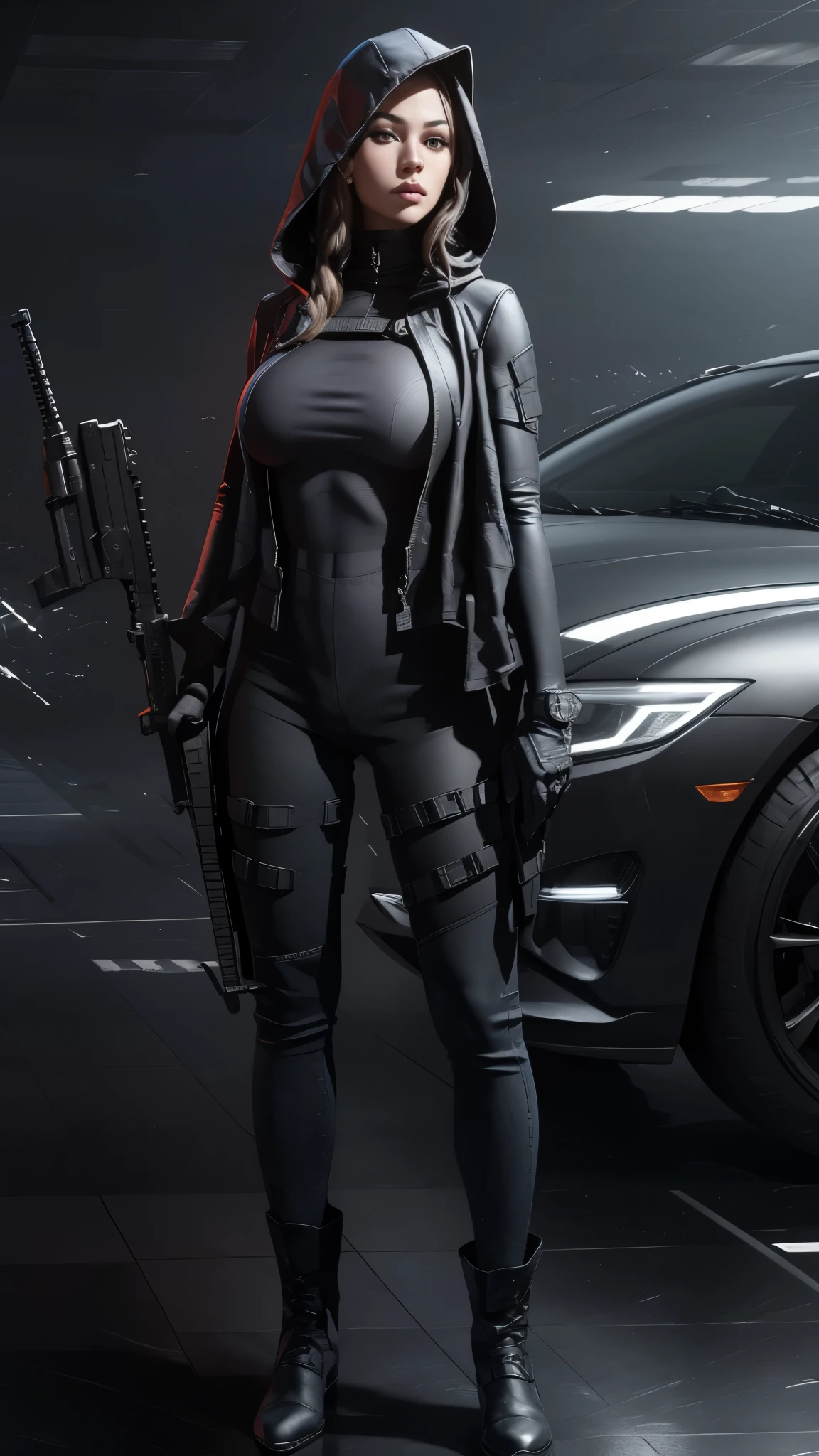 (full body, 1 girl, looking at viewer, anatomy correct:1.4), black gloves, hood on, tactical gear, Sharp focus, black boots, (athletic body:1.3), black jeans, aiming AK-47 assault rifle,
((Best quality)), ((masterpiece)), (highly detailed:1.3), Depth-of-field, Multi-layered textures, HDR (High Dynamic Range), Ray Tracing, NVIDIA RTX, Unreal 5, Subsurface scattering, PBR Texturing, Post-processing,
Anisotropic Filtering, Maximum clarity and sharpness, Wide aperture, Low ISO, White balance, Rule of thirds, 8K RAW, (extremely slutty), (Highly realistic skin), sharp image, (beautiful body, perfect detail eyes:1.2),
