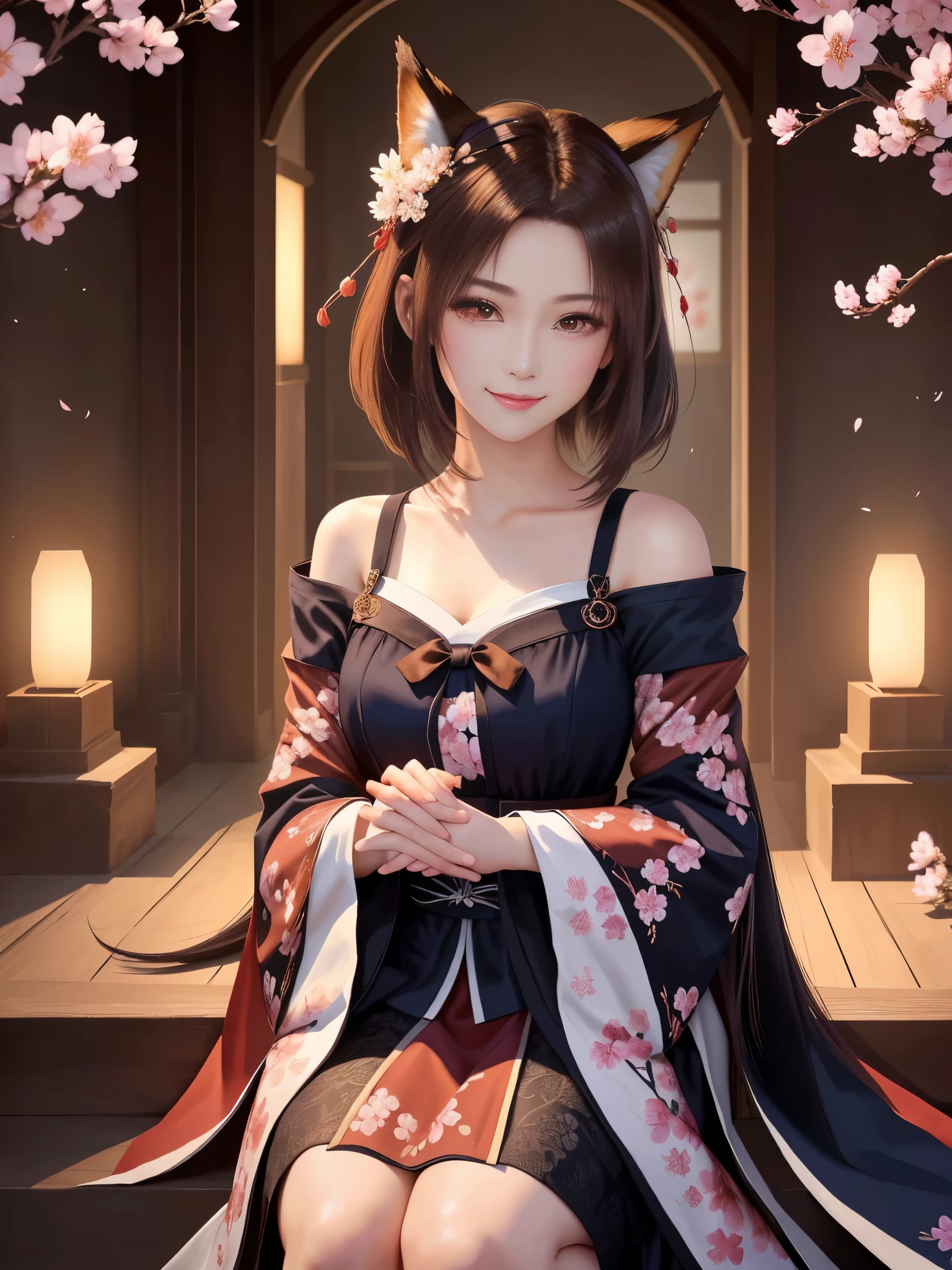 masterpiece , best quality,close up of face,smile,the whole body is facing forward,shoulder exposure,bright brown hair,slender body shape,brown eyes,sharp contrast,short hair,美しいフォルムのshort hair,just one person,precision quality,Faithfully reproduced eyes, 一面に咲くcherry blossom background,masterpiece, 幻想的なcherry blossom background,cherry blossom background,beautiful details, colorful, delicate details, delicate lips, intricate details, genuine, ultrargenuineista, 枝に座っている色とりどりの髪のFoxを持つ女の子:Mature, bright eyes, ,色とりどりのFox, raposa de nine tails, 三尾Fox, 三尾Fox, onmyoji detail art, beautiful fine art illustration, mythical creatures, Fox, beautiful digital art,shrine maiden,hold hands,exquisite digital illustration, mizutsune, Inspired by mythical wild web creatures, pixiv in digital art, shining light, high contrast, Mysterious,