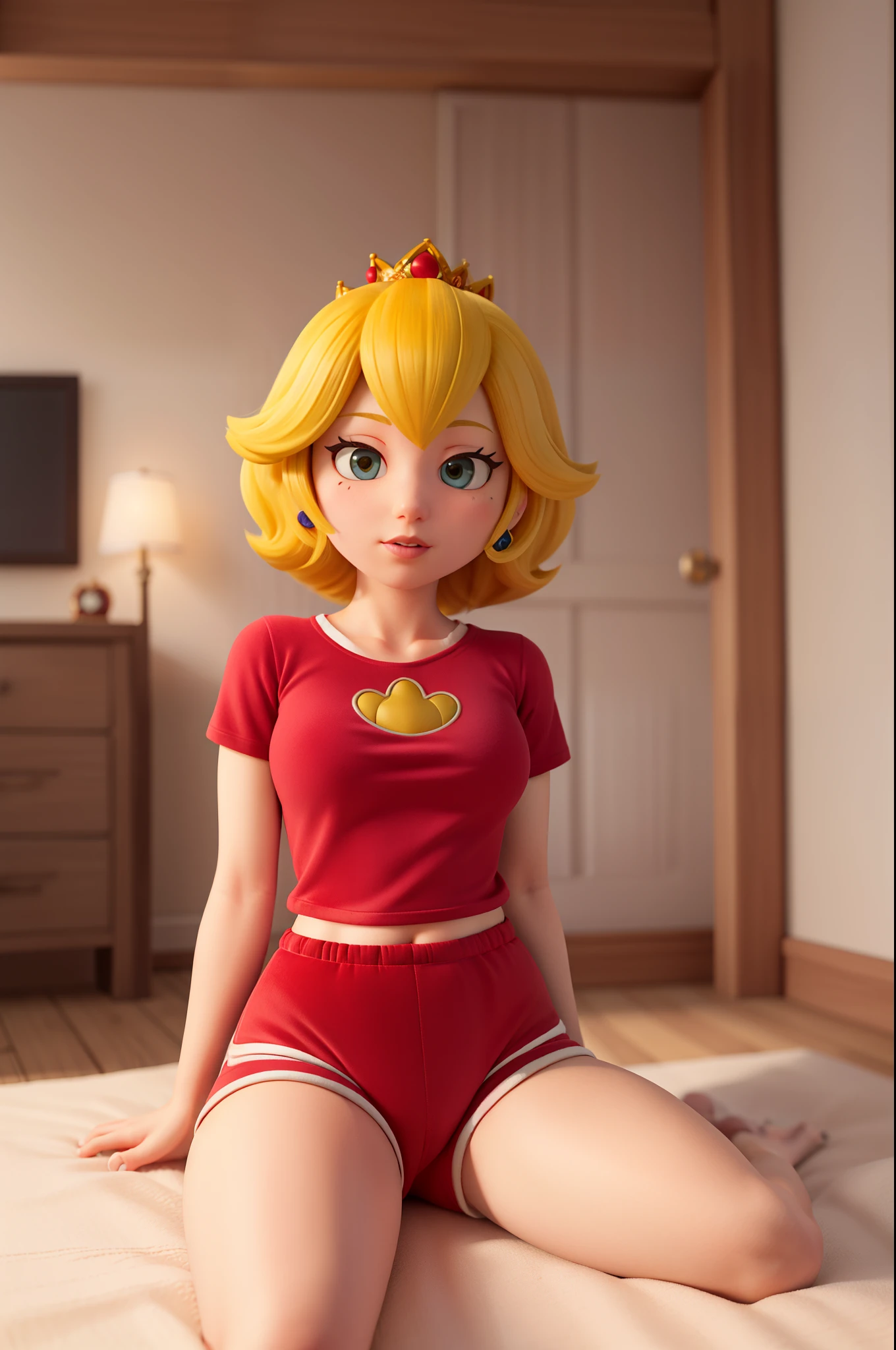 princess peach,short yellow hair,red velvet shorts,velvet t-shirt,thick thighs, thin hips,in the bedrom,very tight clothing,sitting on the floor showing the hindquarters to the viewer,