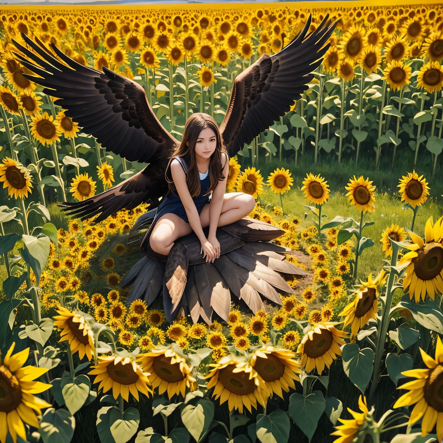 picture, where a girl sits on a big eagle in the middle of a field of sunflowers, view from above