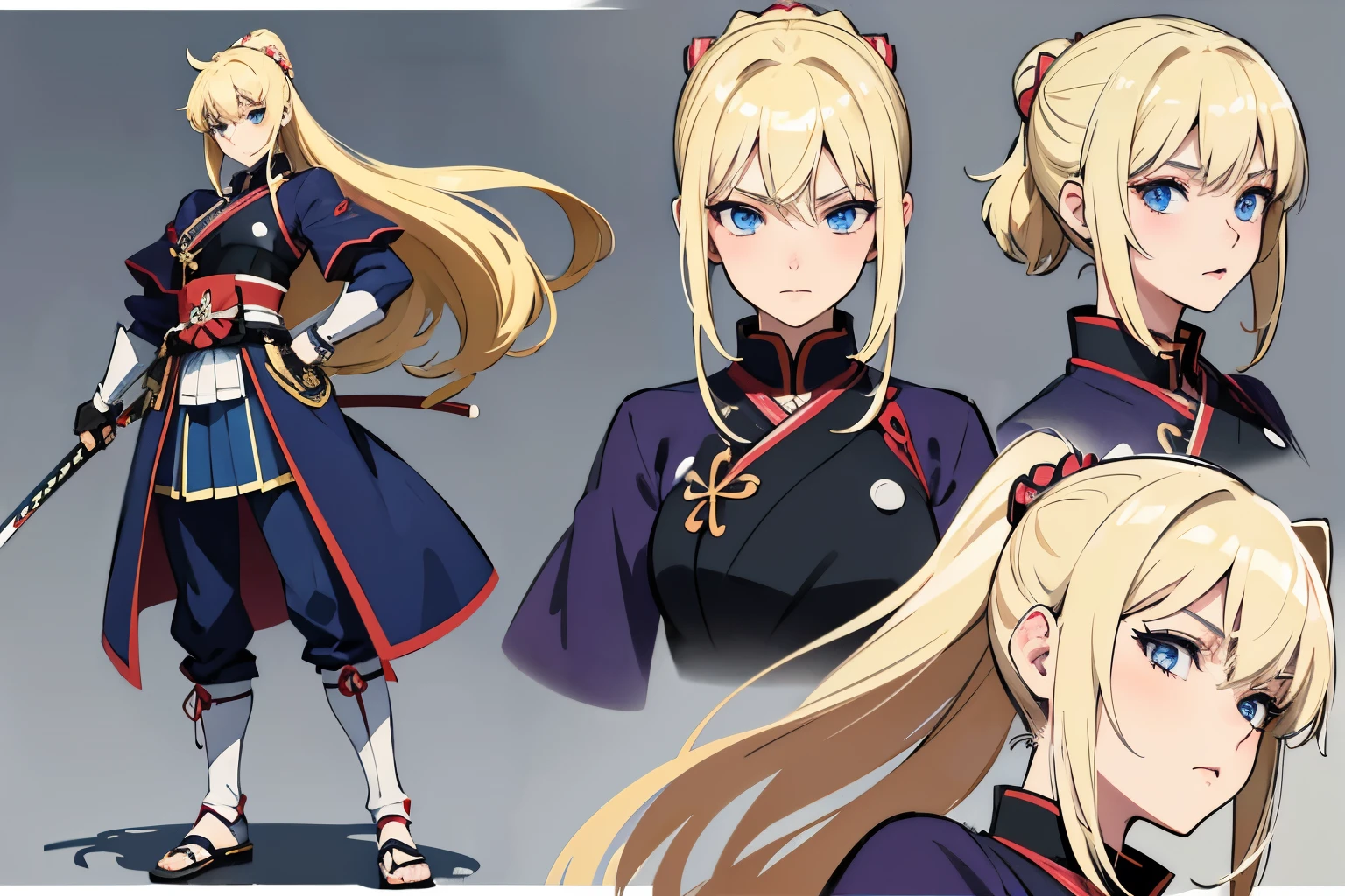 pose model sheet, blonde, blue eyes, hero pose, looking forward, best quality, masterpiece, anime girl, samurai girl