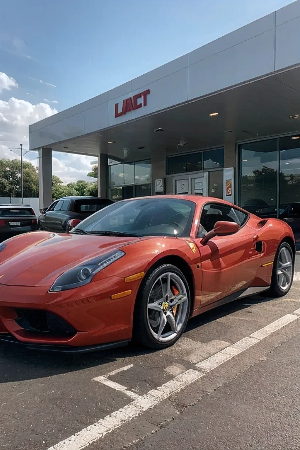 orange ferrari with gradient purple, realista, car park at a dealership in the background