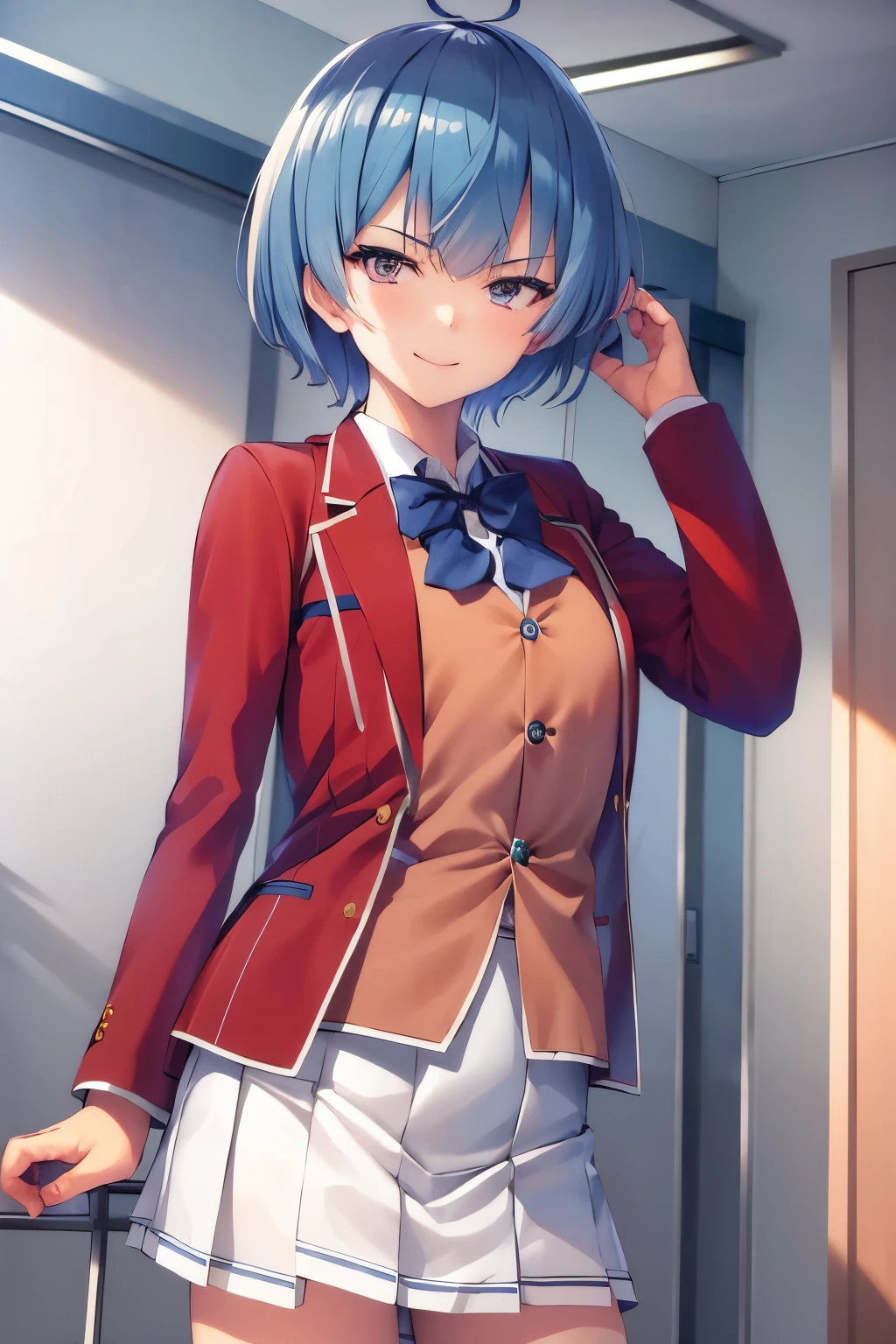 masterpiece, best quality, highres, 1girl ibuki mio short hair blue hair, white skirt red jacket open jacket smile, standing, indoors, from behind