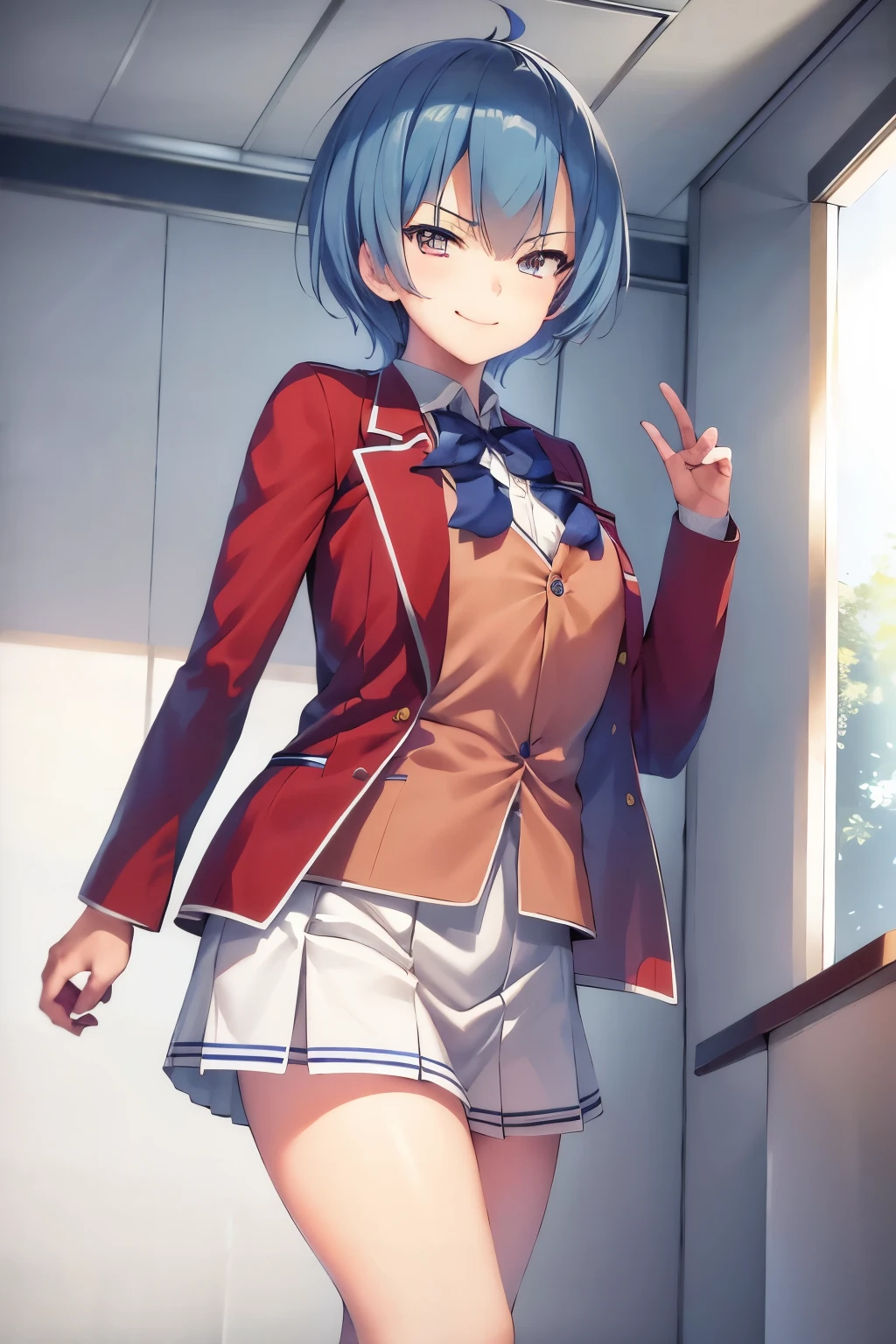 masterpiece, best quality, highres, 1girl ibuki mio short hair blue hair, white skirt red jacket open jacket smile, standing, indoors, from behind