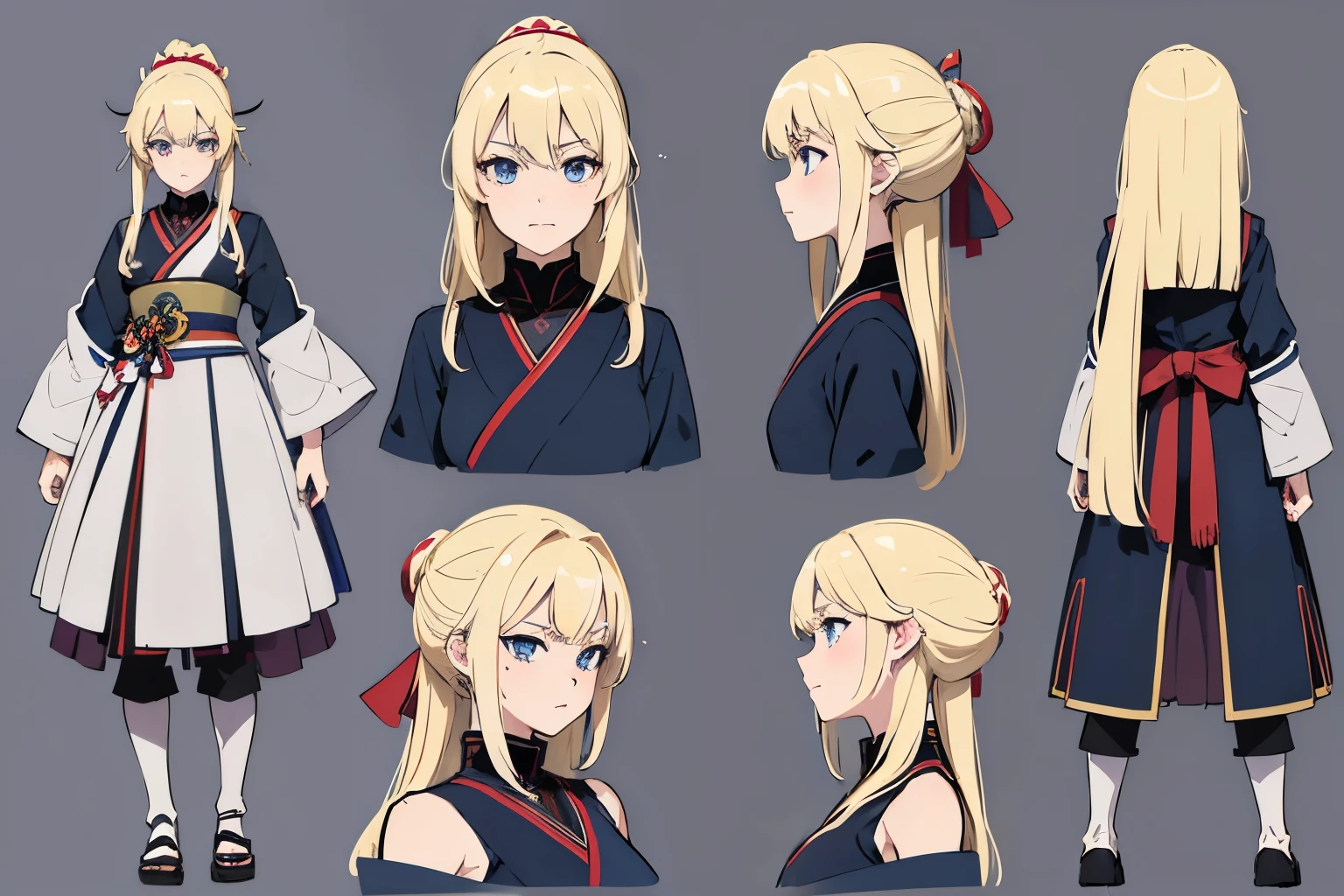 pose model sheet, blonde, blue eyes, hero pose, looking forward, best quality, masterpiece, anime girl, samurai girl