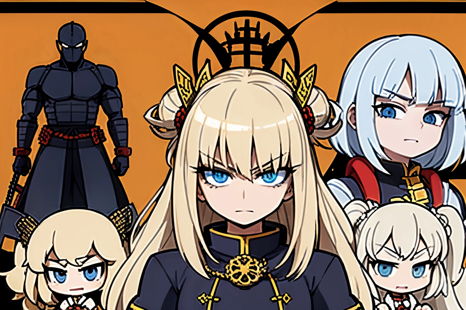 pose model sheet, blonde, blue eyes, hero pose, looking forward, best quality, masterpiece, anime girl, samurai girl