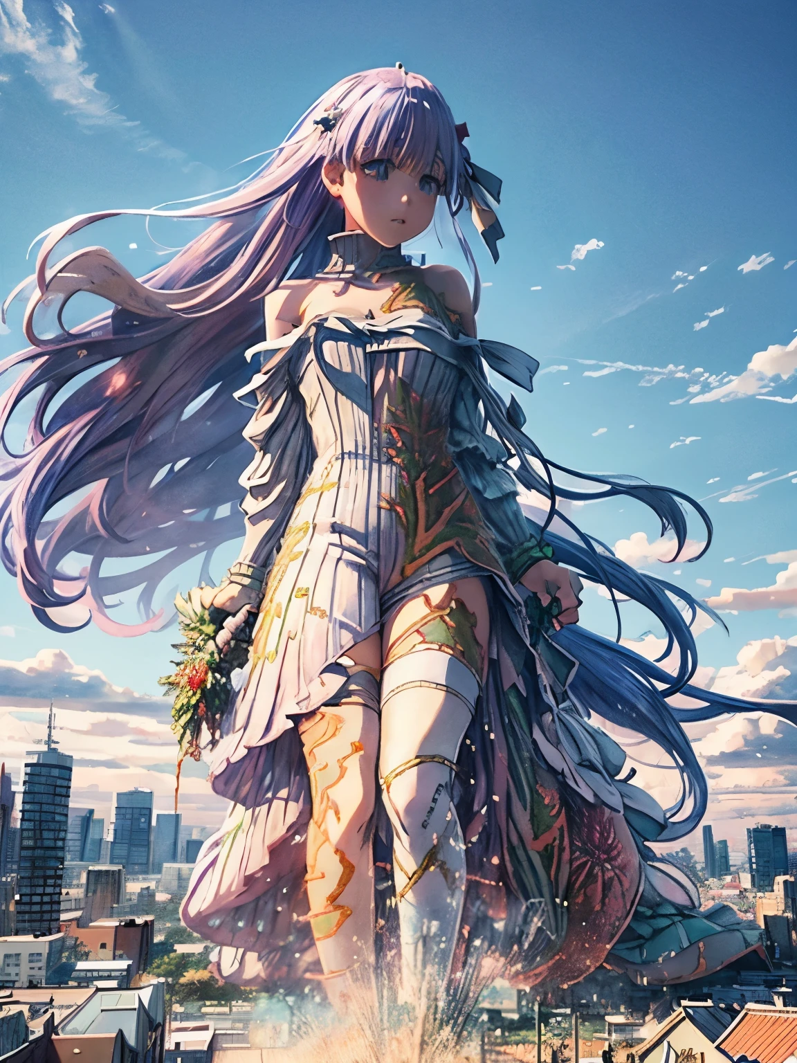 anime girl walking on a city, ((Kingprotea)), city landscape, ((aereal view)), beautiful anime girl, perfect face, the anime girl is standing on a city, high resolution, videogame painting, realistic manga painting, official artwork hdr, anime styled digital art, realistic anime style, ((masterpiece, high definition, best quality))