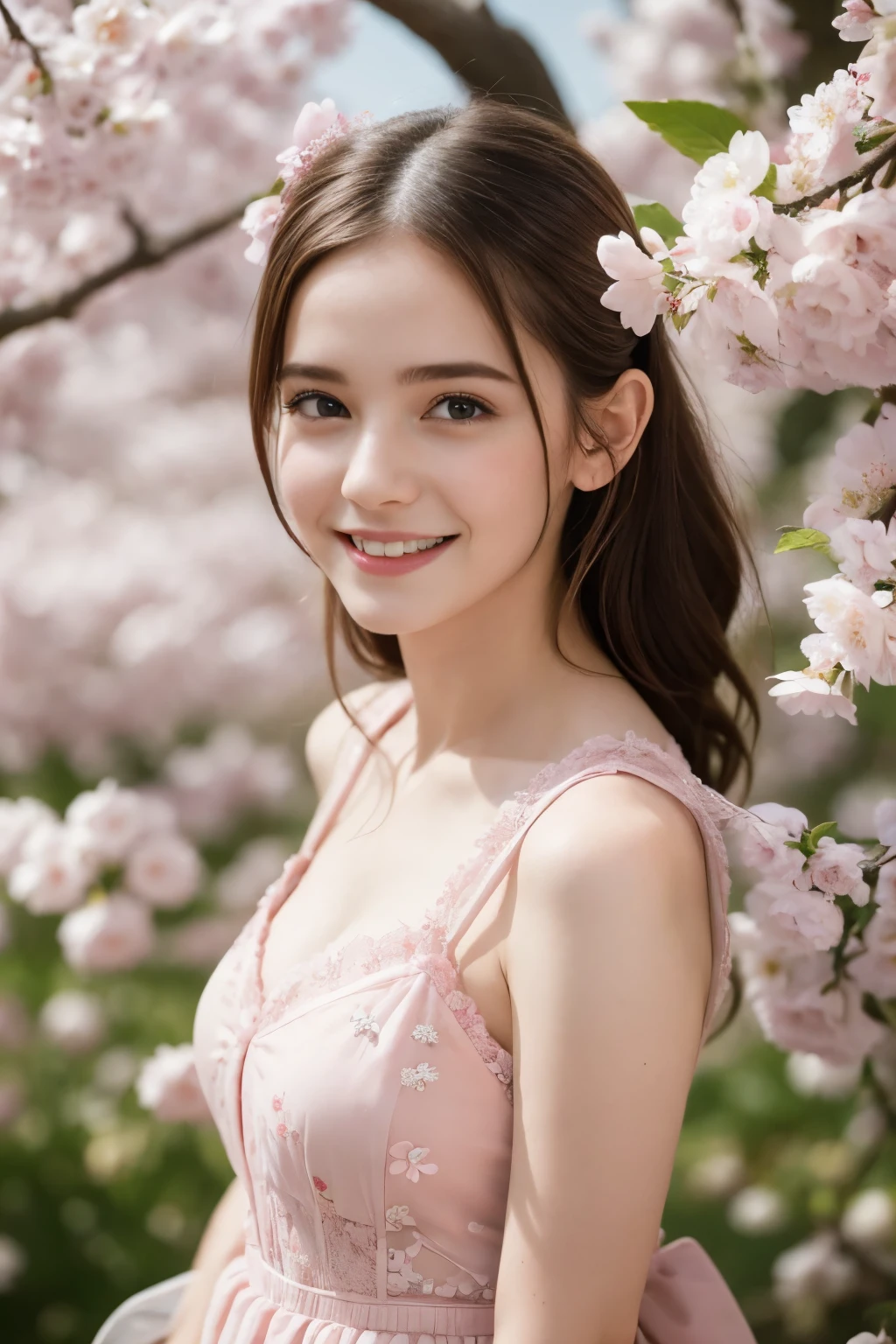Masterpiece, Best quality, 8k, 18 ans, Photo brute, absurdes, Award-winning portrait, sourire, sourire, pure, french, elegant vibrant pink dress, spring, orchard in bloom, laces, famous singer, cute, yoga