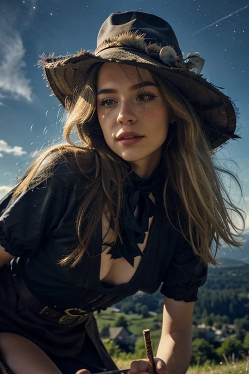 masterpiece, best quality, ultra detailed, illustration, 1 woman, (blonde hair), (pale-skinned woman), (long silky hair), alone, close-up of woman, fantasy, flying, broom in hand, sky night, outdoors, magic, spells, moon, stars, clouds, wind blowing, hair floating, cape, hat, boots, broomstick, bright, mysterious, charming, adventurer, freedom, wonder, imagination, determination, skill, speed , movement, energy, realism, naturalistic, figurative, representational, beauty, fantasy culture, mythology, fairy tales, folklore, legends, witches, wizards, magical creatures, fantasy worlds, composition, scale, middle ground, background, perspective , light, color, texture, detail, beauty