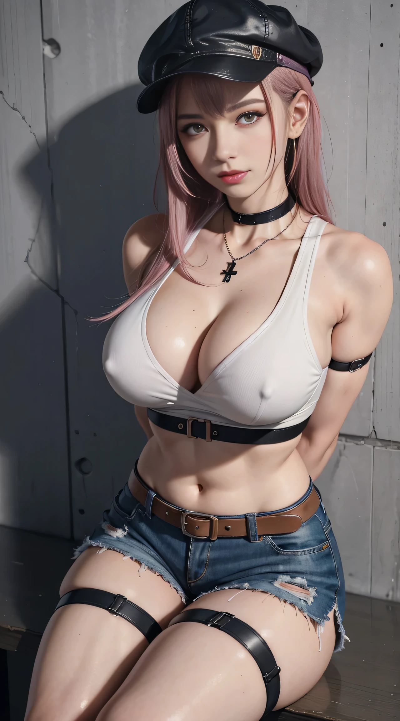 sfw, (absurdres, 8k, 4k, masterpiece, hyper extreme detailed:1.2), solo, 1girl, front view, perfect face, 1girl, portrait, expressive eyes, looking at viewer, solo, standing, mature female, pale, adult, looking forward, front view, confident, wind, windy, moving hair, front view, mature body, tomboy, adult, Newsboy Cap, long pink hair, black shorts, yellow belt, waist jacket, dark blue, medium bust, black wrist cuffs, black pupils, dark pink irises, hair down to back, egotistical, powerful, strong, proud, arrogant, ripped clothes, blue newsboy cap, right hand on hip, streetwear, fashionable, crazy face, crazy eyes, crazy smile, right bangs, necklace, bound, bondage, (arms behind back:1.4), bdsm, tape gag, tape, tape bondage, close-up, restrained, best anatomy, full body, tape wrapped, wrap gag, bondage, sitting down, wearing bra,((skinny waist)), young asian girl, ((big breasted)),
