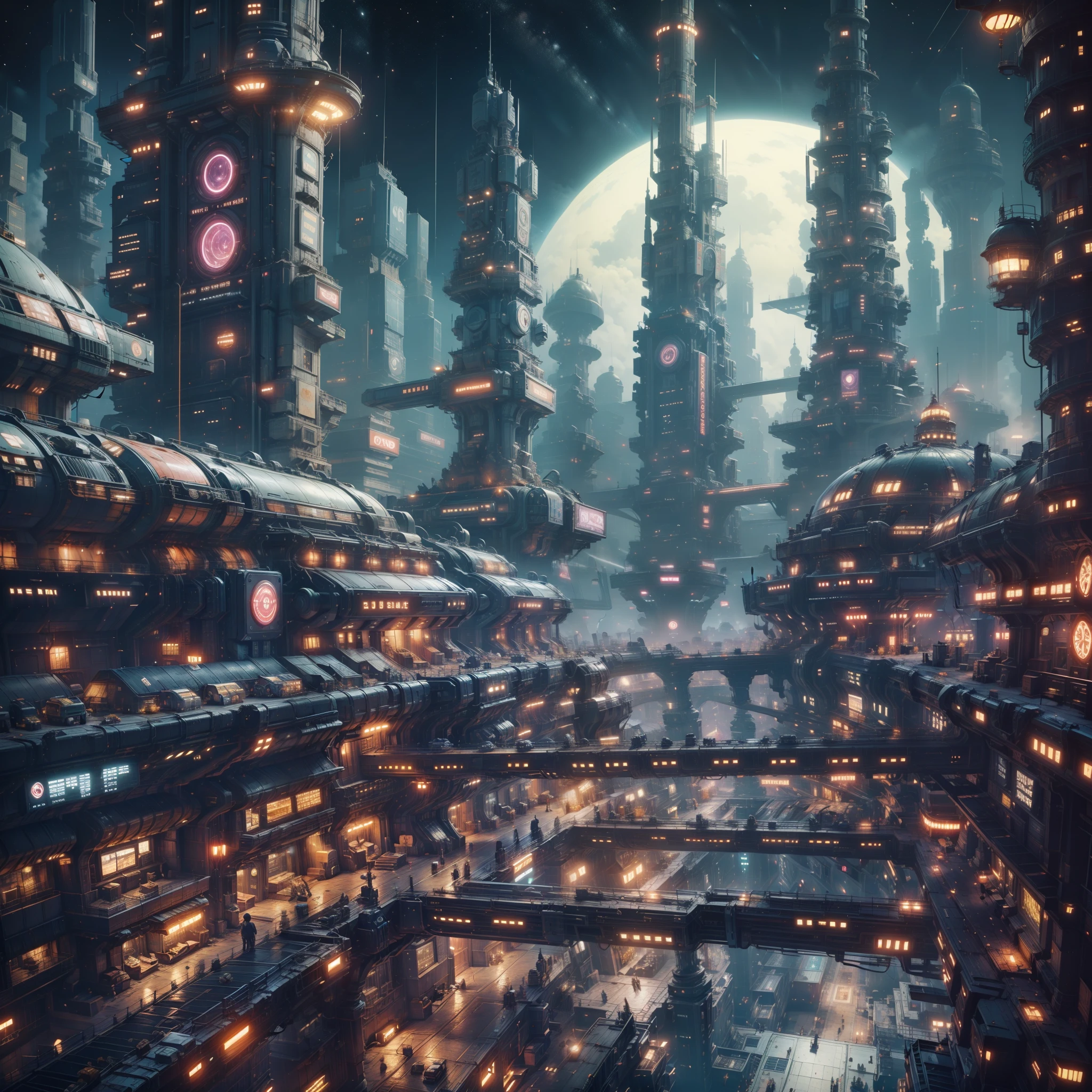 space city、futuristic city、alien、floating in the universe、cyberpunk、skyscrapers array、a space station、top quality、Masterpiece、24century、Dream、Utopian、planet earth、Dream想世界、fantasy、𝓡𝓸𝓶𝓪𝓷𝓽𝓲𝓬、beautiful city