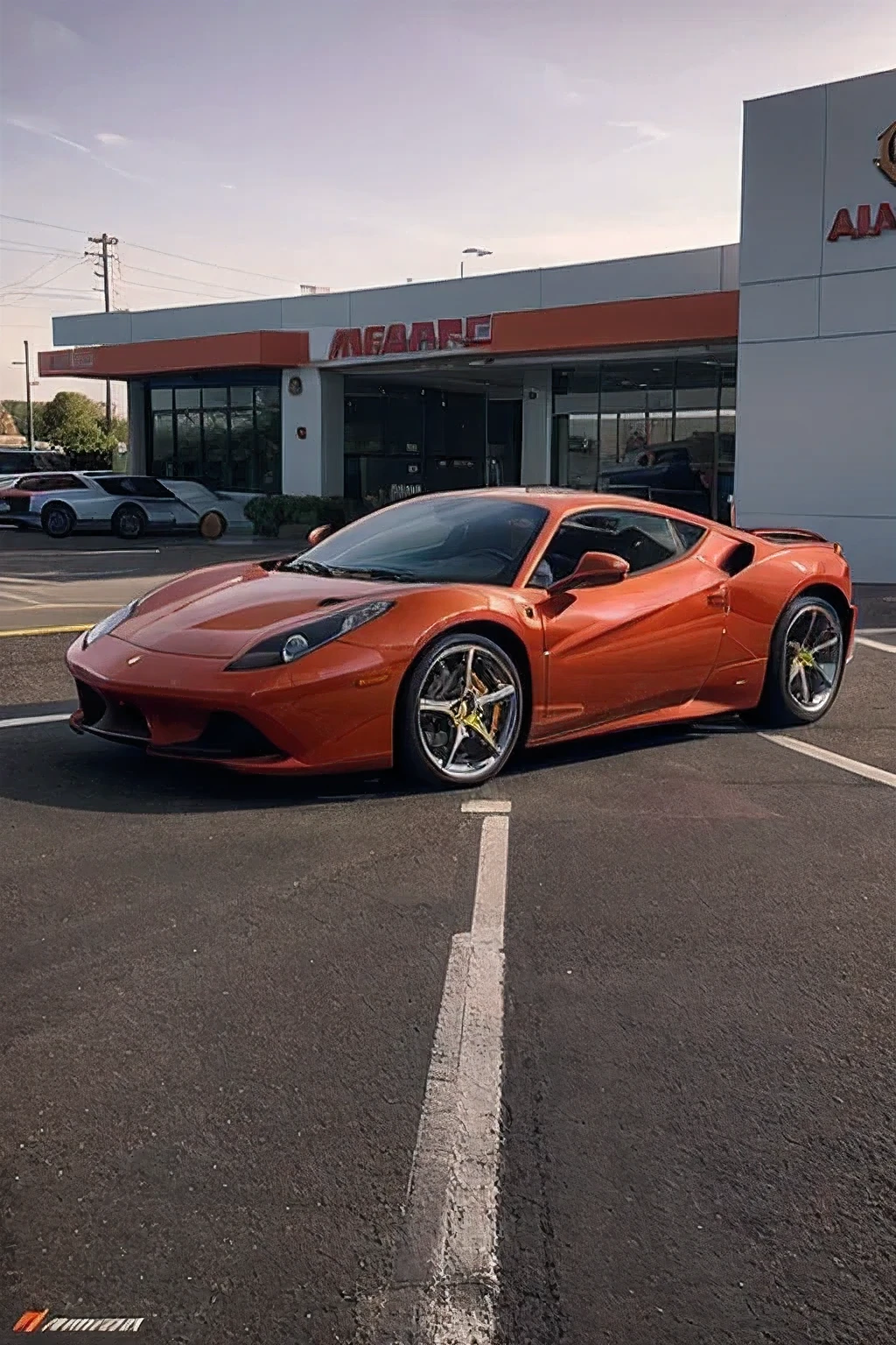orange ferrari with gradient purple, realista, car park at a dealership in the background, distante camera mas é possivel ver