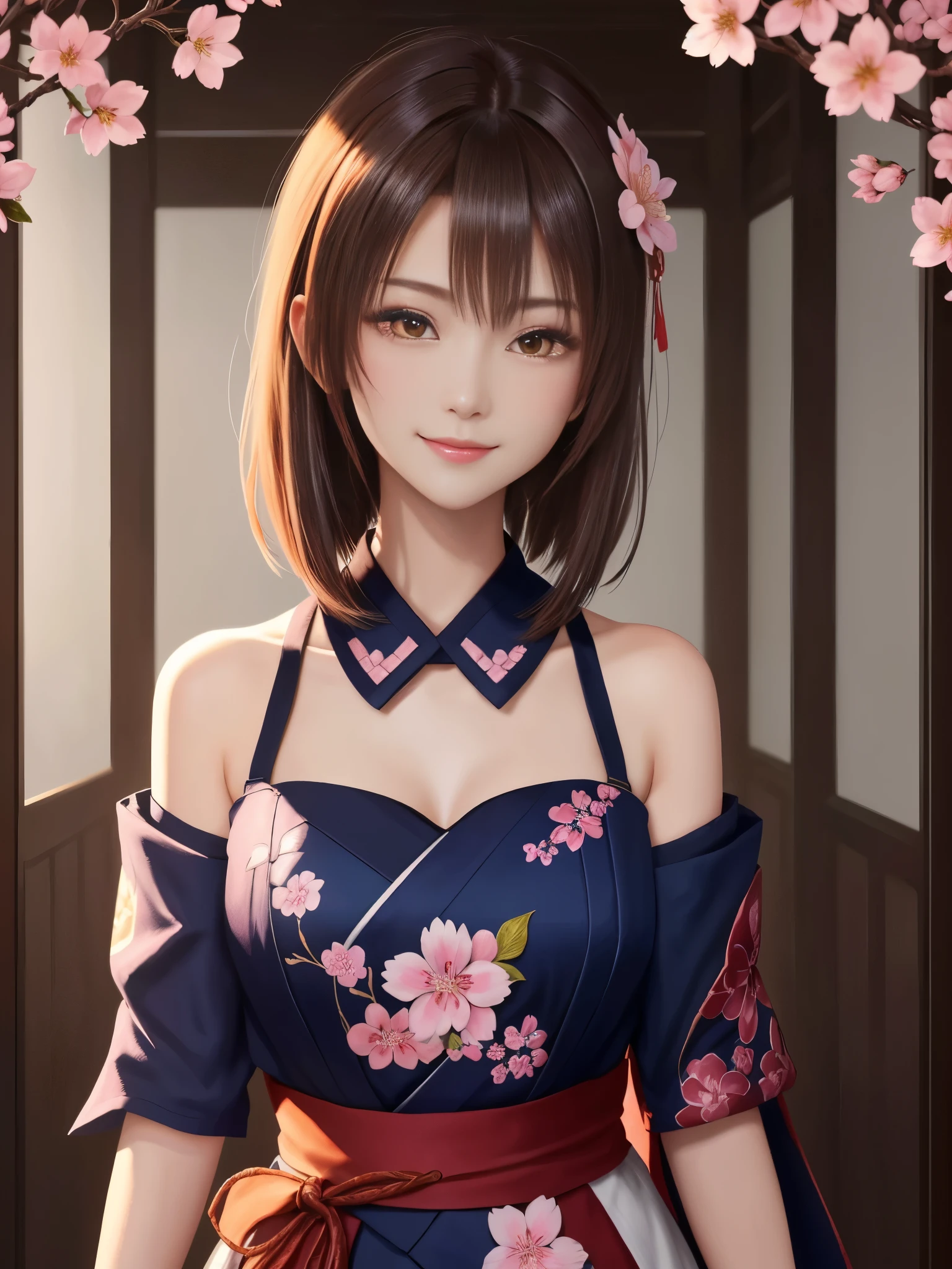 masterpiece , best quality,close up of face,smile,the whole body is facing forward,shoulder exposure,bright brown hair,slender body shape,brown eyes,sharp contrast,short hair,美しいフォルムのshort hair,just one person,precision quality,Faithfully reproduced eyes, 一面に咲くcherry blossom background,masterpiece, 幻想的なcherry blossom background,cherry blossom background,beautiful details, colorful, delicate details, delicate lips, intricate details, genuine, ultrargenuineista, 枝に座っている色とりどりの髪のFoxを持つ女の子:Mature, bright eyes, ,色とりどりのFox, raposa de nine tails, 三尾Fox, 三尾Fox, onmyoji detail art, beautiful fine art illustration, mythical creatures, Fox, beautiful digital art,shrine maiden,hold hands,exquisite digital illustration, mizutsune, Inspired by mythical wild web creatures, pixiv in digital art, shining light, high contrast, Mysterious,