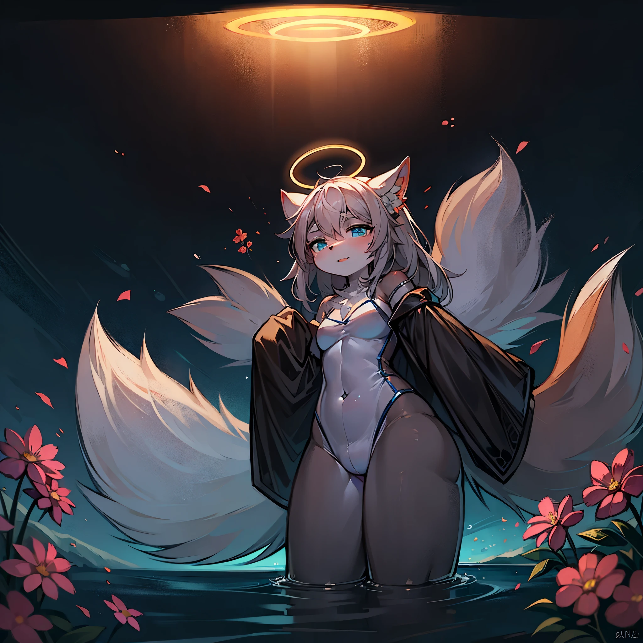 Big tail wolf gray hair female blue eyes,Sea of flowers,angel costume,halo