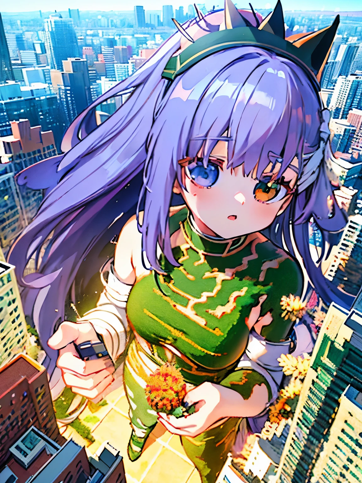 anime girl walking on a city, ((Kingprotea)), city landscape, ((aereal view)), beautiful anime girl, ((Face of Kingprotea)), the anime girl is standing on a city, high resolution, videogame painting, realistic manga painting, official artwork hdr, anime styled digital art, realistic anime style, ((masterpiece, high definition, best quality))