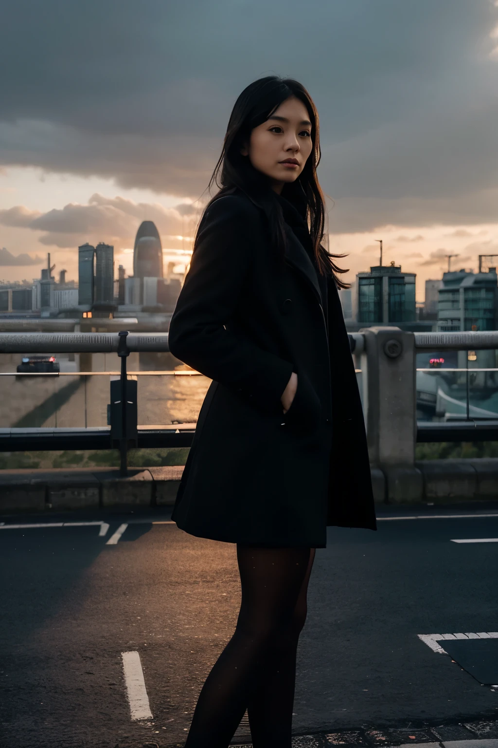 30 years old hong kong woman, (standing still), (((London city))), sunset, winter black overcoat, white skirt, black sheer tights, black long hair, hyper realistic, environment focus