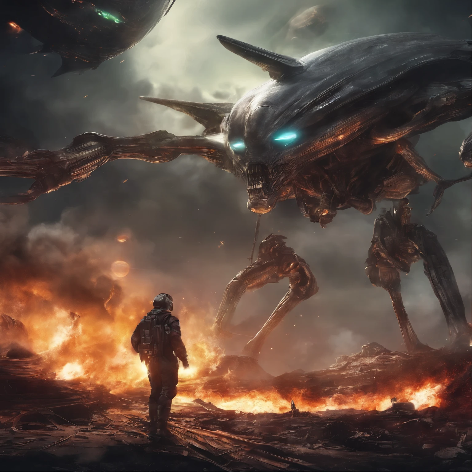 fighting with aliens and alien technology, alien space ship, attack on aliens, alien ship getting destroyed, fire, blasts, laser shots, dark theme, a human fighting those aliens, masterpiece, ultra HD, photorealistic