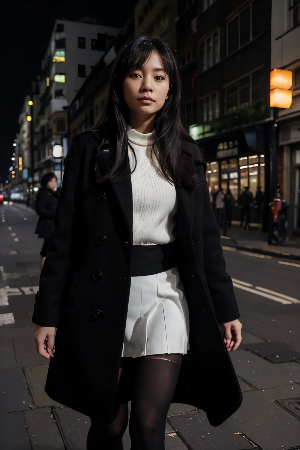 30 years old hong kong woman, (standing still), (((London city))), sunset, winter black overcoat, white skirt, black sheer tights, black long hair, hyper realistic, environment focus