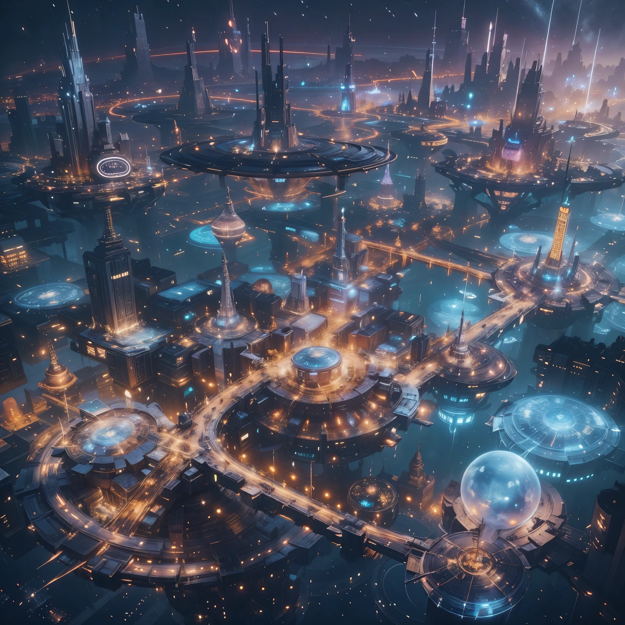 futuristic city、The theme park of the future，The amusement park of the future，entertainment city，floating in the universe、cyberpunk、Rows of skyscrapers、a space station、roller coaster，Ferris wheel，Attractions，top quality、​Masterpiece、Dream、Utopian、planet earth、Dream想世界、fantasy、𝓡𝓸𝓶𝓪𝓷𝓽𝓲𝓬、beautiful city、space city、A world far beyond human creation