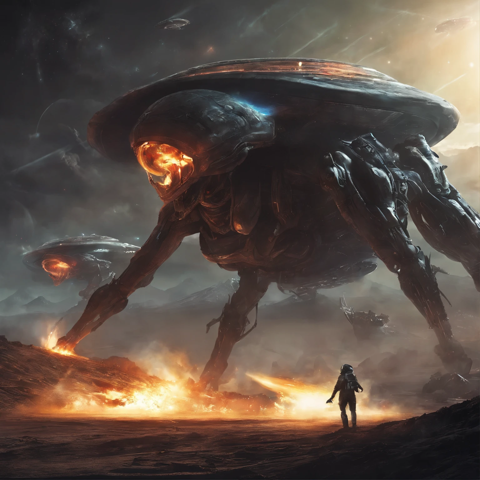 fighting with aliens and alien technology, alien space ship, attack on aliens, alien ship getting destroyed, fire, blasts, laser shots, dark theme, a human fighting those aliens, masterpiece, ultra HD, photorealistic