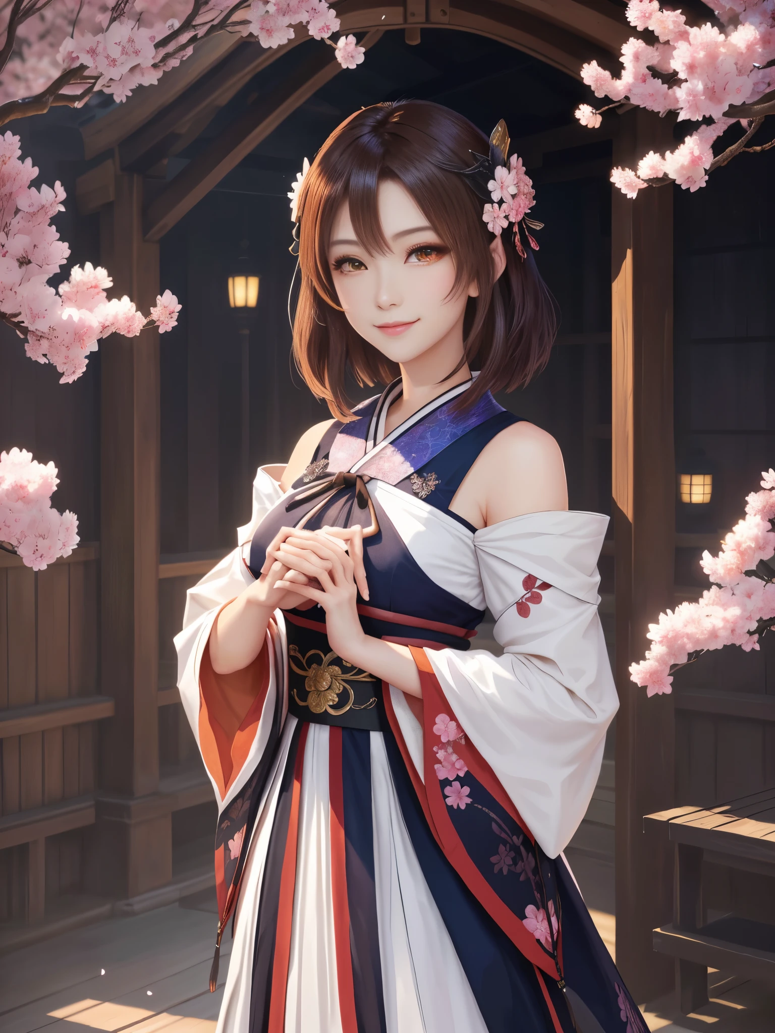 masterpiece , best quality,close up of face,smile,the whole body is facing forward,shoulder exposure,bright brown hair,slender body shape,brown eyes,sharp contrast,short hair,美しいフォルムのshort hair,just one person,precision quality,Faithfully reproduced eyes, 一面に咲くcherry blossom background,masterpiece, 幻想的なcherry blossom background,cherry blossom background,beautiful details, colorful, delicate details, delicate lips, intricate details, genuine, ultrargenuineista, 枝に座っている色とりどりの髪のFoxを持つ女の子:Mature, bright eyes, ,色とりどりのFox, raposa de nine tails, 三尾Fox, 三尾Fox, onmyoji detail art, beautiful fine art illustration, mythical creatures, Fox, beautiful digital art,shrine maiden,hold hands,exquisite digital illustration, mizutsune, Inspired by mythical wild web creatures, pixiv in digital art, shining light, high contrast, Mysterious,