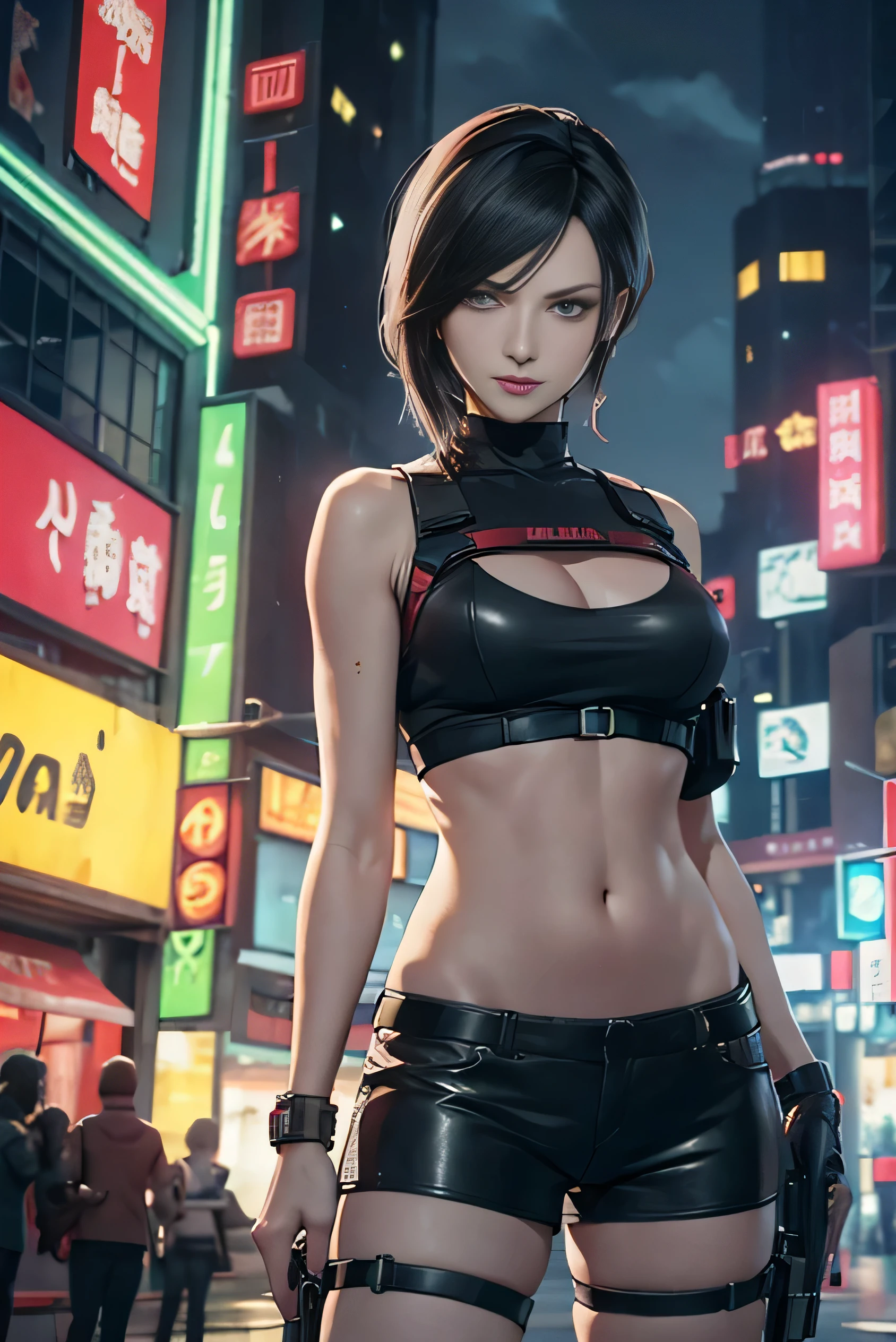 (Resident Evil Ada 1.5),(40 years old1.3)、expensive, chest,Has a well-proportioned body shape,{{{chopped}}},(black and red tank top、Navel exposure、Black leather low rise shorts 1.5)、日本warior,warior盔甲,woman warior,{{{cyberpunk city}}},expensive家,{{{neon light}}},highest quality,cyberpunk city,wario