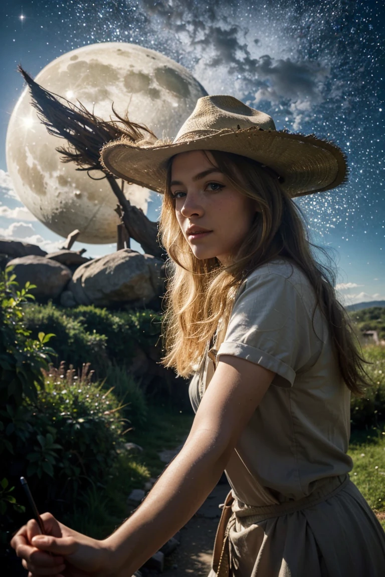 masterpiece, best quality, ultra detailed, illustration, 1 woman, (blonde hair), (pale-skinned woman), (long silky hair), alone, close-up of woman, fantasy, flying, broom in hand, sky night, outdoors, magic, spells, moon, stars, clouds, wind blowing, hair floating, cape, hat, boots, broomstick, bright, mysterious, charming, adventurer, freedom, wonder, imagination, determination, skill, speed , movement, energy, realism, naturalistic, figurative, representational, beauty, fantasy culture, mythology, fairy tales, folklore, legends, witches, wizards, magical creatures, fantasy worlds, composition, scale, middle ground, background, perspective , light, color, texture, detail, beauty