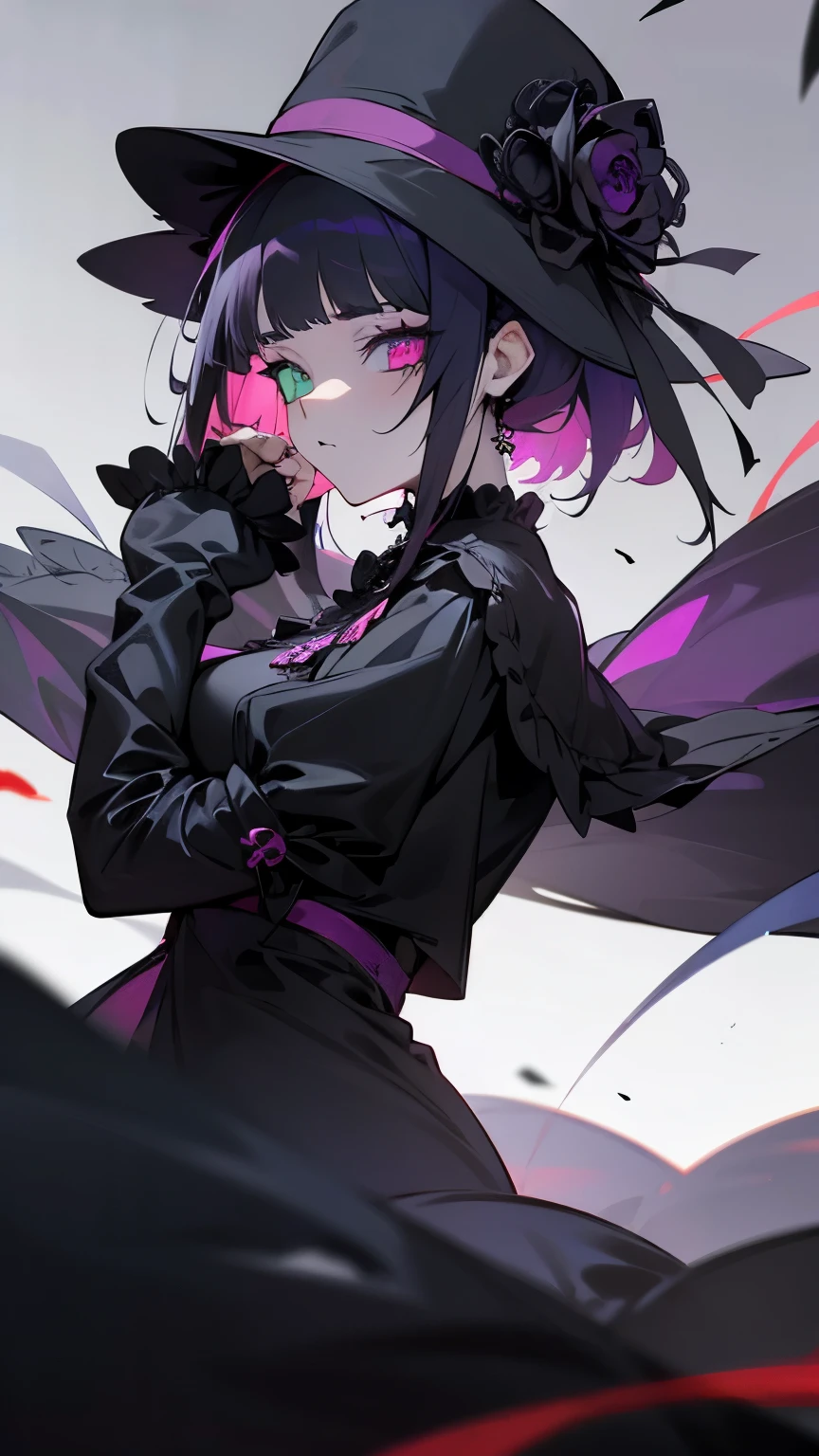 agnès cecil style、heterochromia,right eye red,Zuo Muqing,unity 8k wallpaper, super detailed, beautiful, beautiful, ((new goth gal:1.4)), masterpiece, highest quality, dark, in the atmosphere, Mysterious, romantic, Spooky, literature, art, fashion, victorian, decoration, Complex, ironwork, race, contemplation, depth of emotion, Supernatural, 1 girl, alone, hip