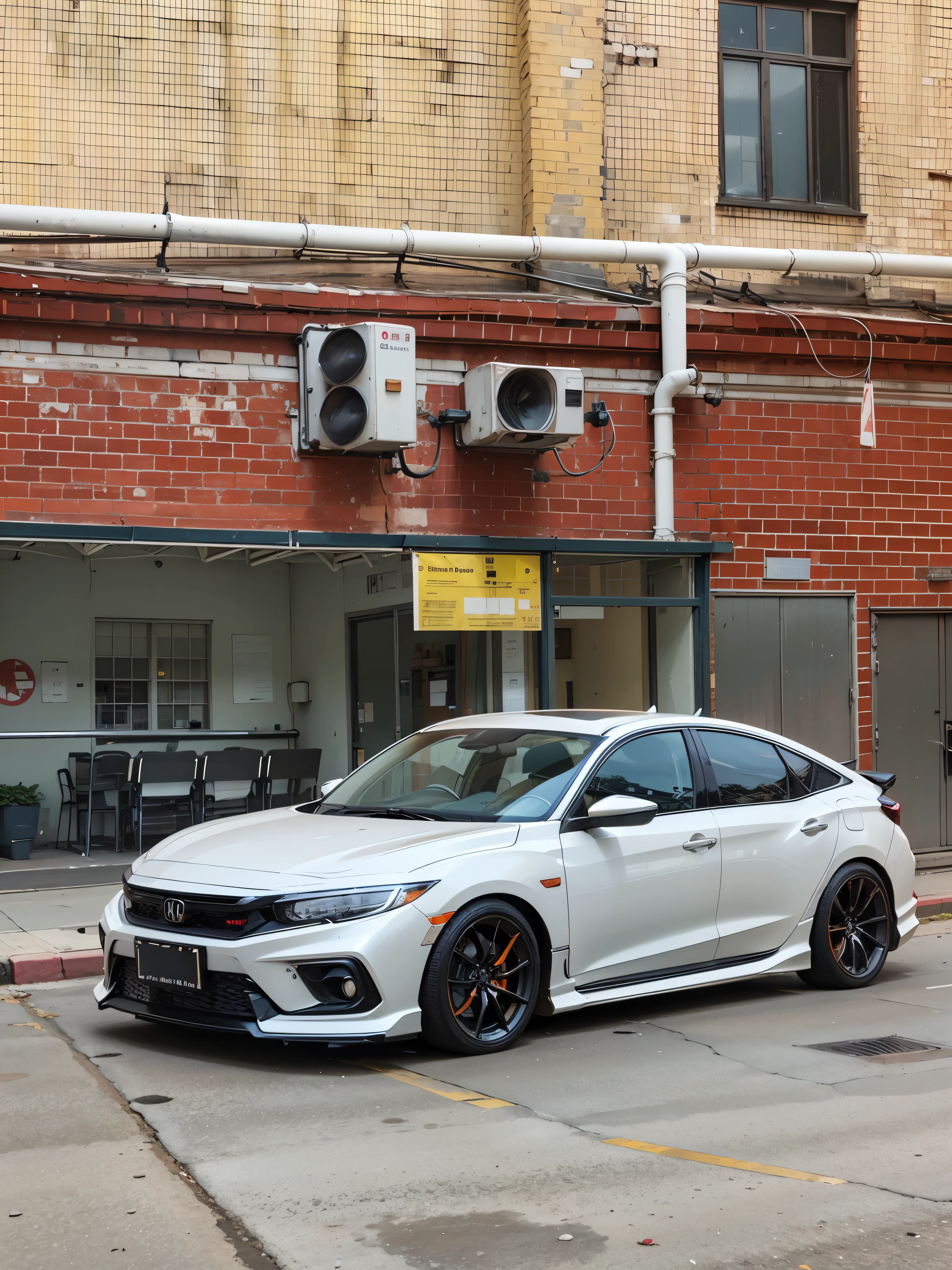 White car parked in front of red brick building, 🤬 🤮 💕 🎀, s line, honda civic, front, front full, wide body, 😭 🤮 💕 🎀, post-processed), Canon eos r 6 shot, Silver chromium, 2 0 2 2, 2022