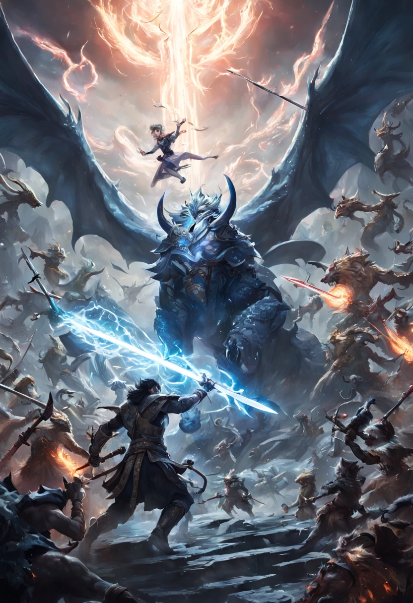 Prompt #2:
An epic battle scene in a different world, the hero at the center wielding a sword that glows with an ethereal light, surrounded by fantastical beasts and allies, mid-action, high tension, Canon EOS R8, wide angle lens