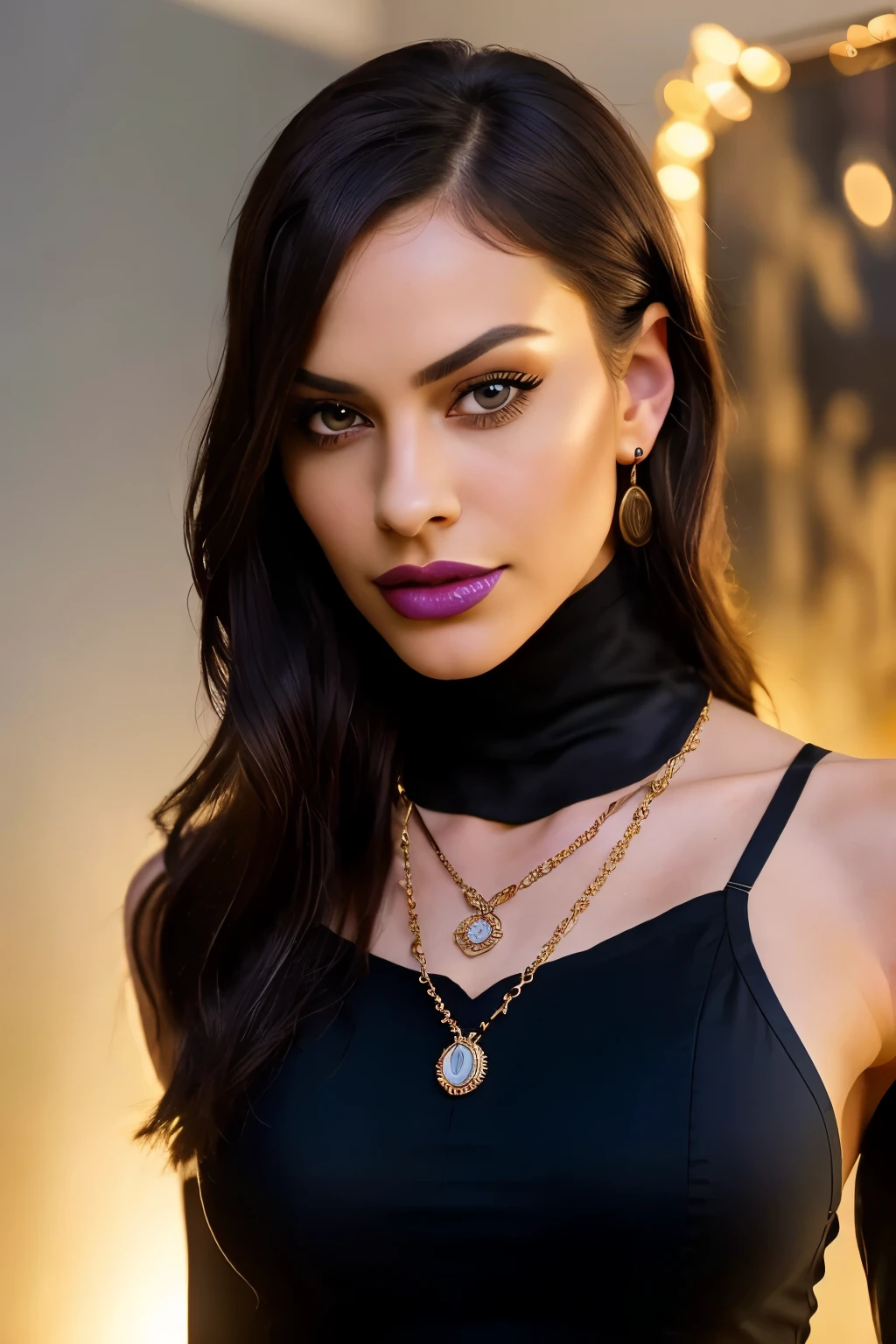 1. Raw photo of a glamorous and stylish hipster woman, capturing her edgy vibe in a dark and alluring setting. Her almond-shaped eyes are accentuated with mascara and eyeliner, while her cheeks are dark and her lips expressively luscious. Unique facial piercings add to her allure, complemented by an alluring necklace. The photograph also showcases her stylish and sexy underwear, highlighting her alluring thighs. This highly detailed and photorealistic image captures every intricate detail, from her dimples to her smoky eye makeup, and even the defined jawline. The skin pores and shiny texture of her skin are depicted realistically, giving the image a grainy yet strikingly realistic quality. Harsh flash lighting adds to