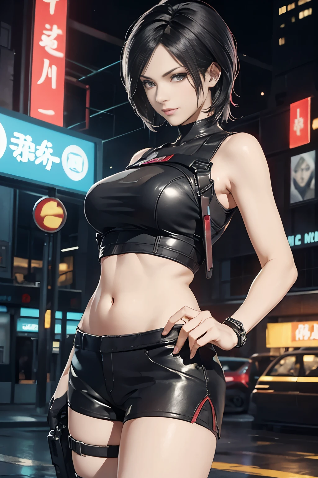 (Resident Evil Ada 1.5),(40 years old1.3)、expensive, chest,Has a well-proportioned body shape,{{{chopped}}},(black and red tank top、Navel exposure、Black leather low rise shorts 1.5)、日本warior,warior盔甲,woman warior,{{{cyberpunk city}}},expensive家,{{{neon light}}},highest quality,cyberpunk city,wario