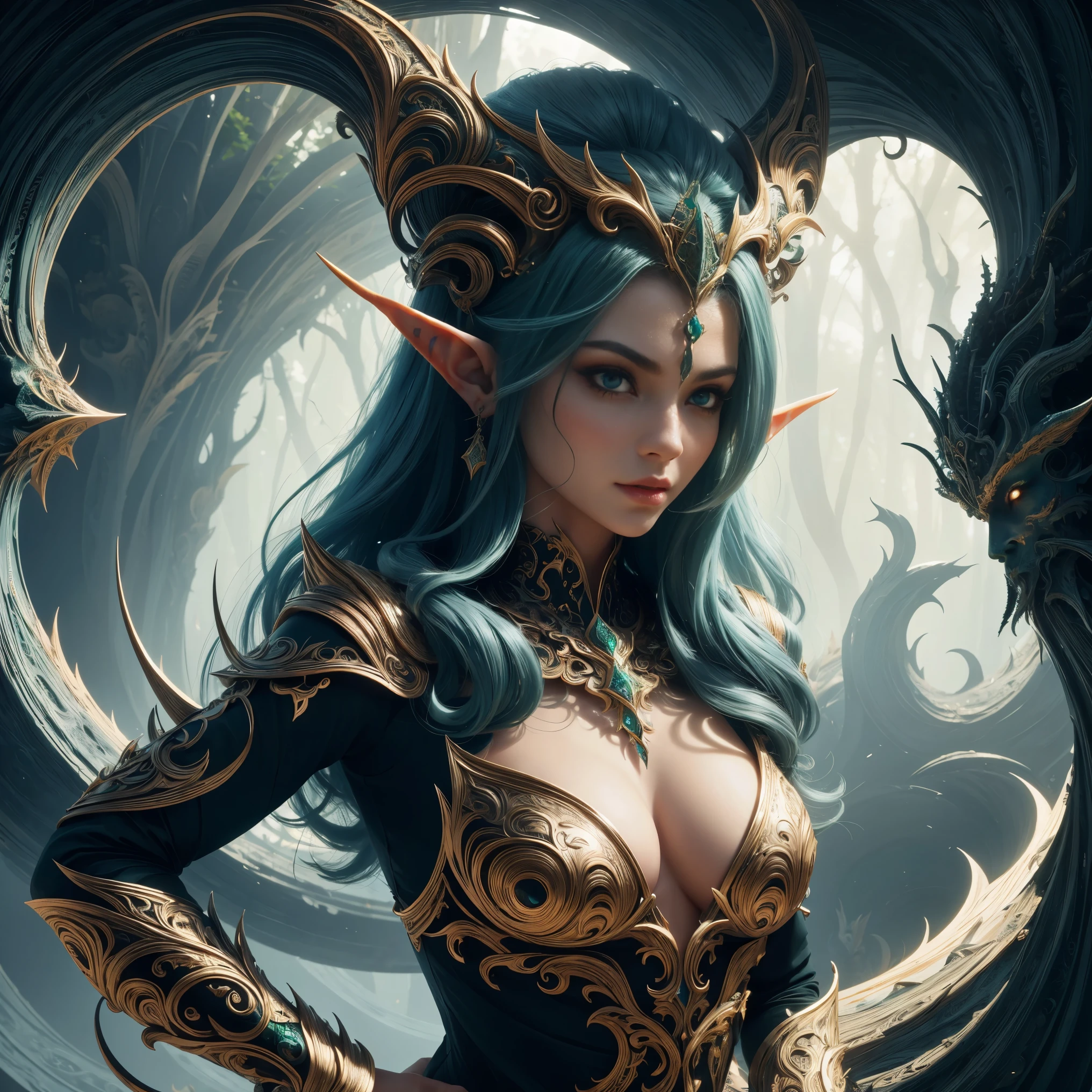 A cute female elf goddess of the forest, cara bonita, Belo corpo, Cabelo preto, vestindo armadura, capa verde, em uma floresta, 8k, extremamente detalhado, ultra realista