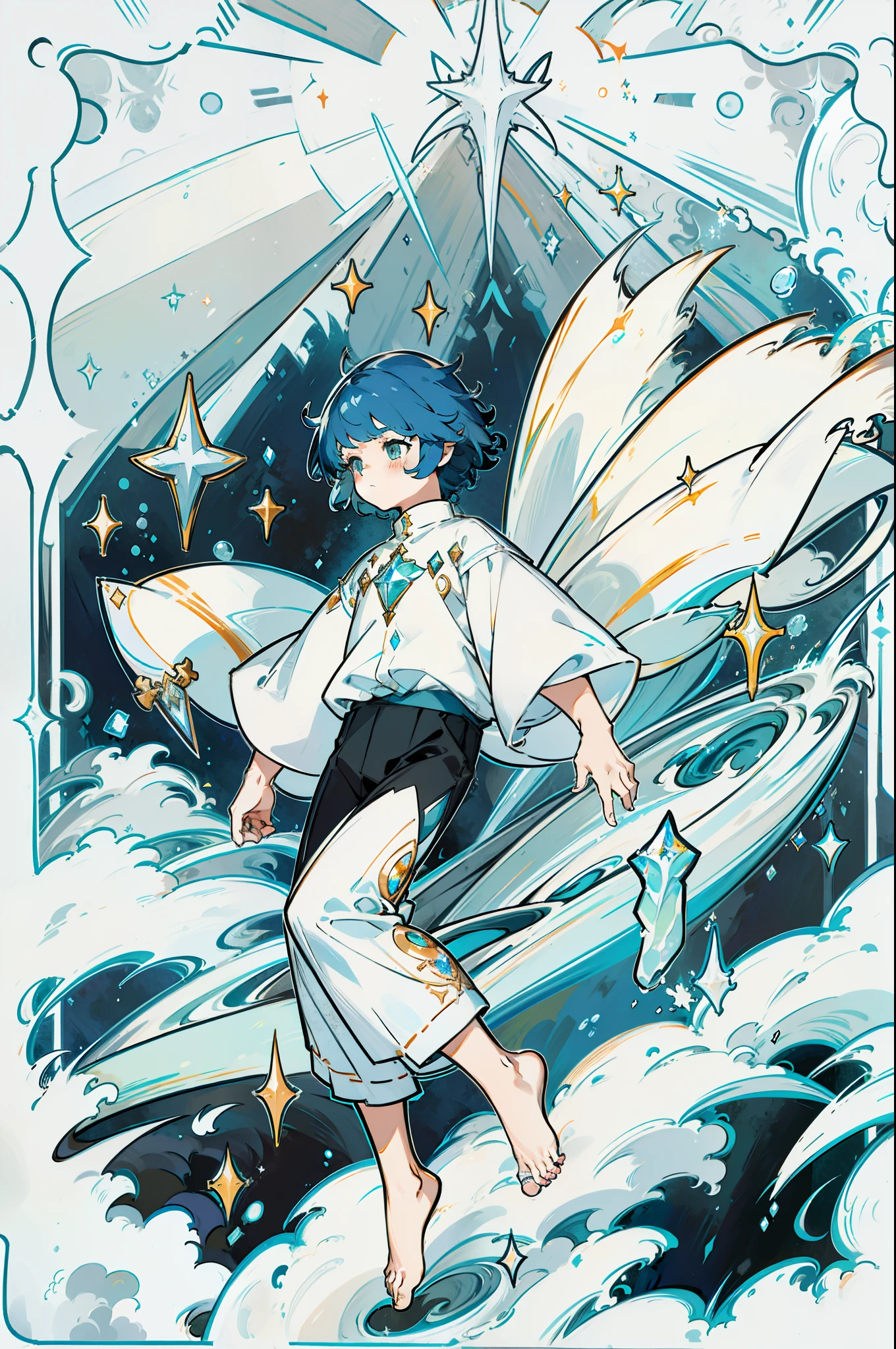 highres, high quality, full body, solo, cute, 1 boy, short hair, dark blue hair, light blue eyes, simple clothes, white shirt, wide sleeves, black pants, bare feet, elven ears, sea waves, crystals
