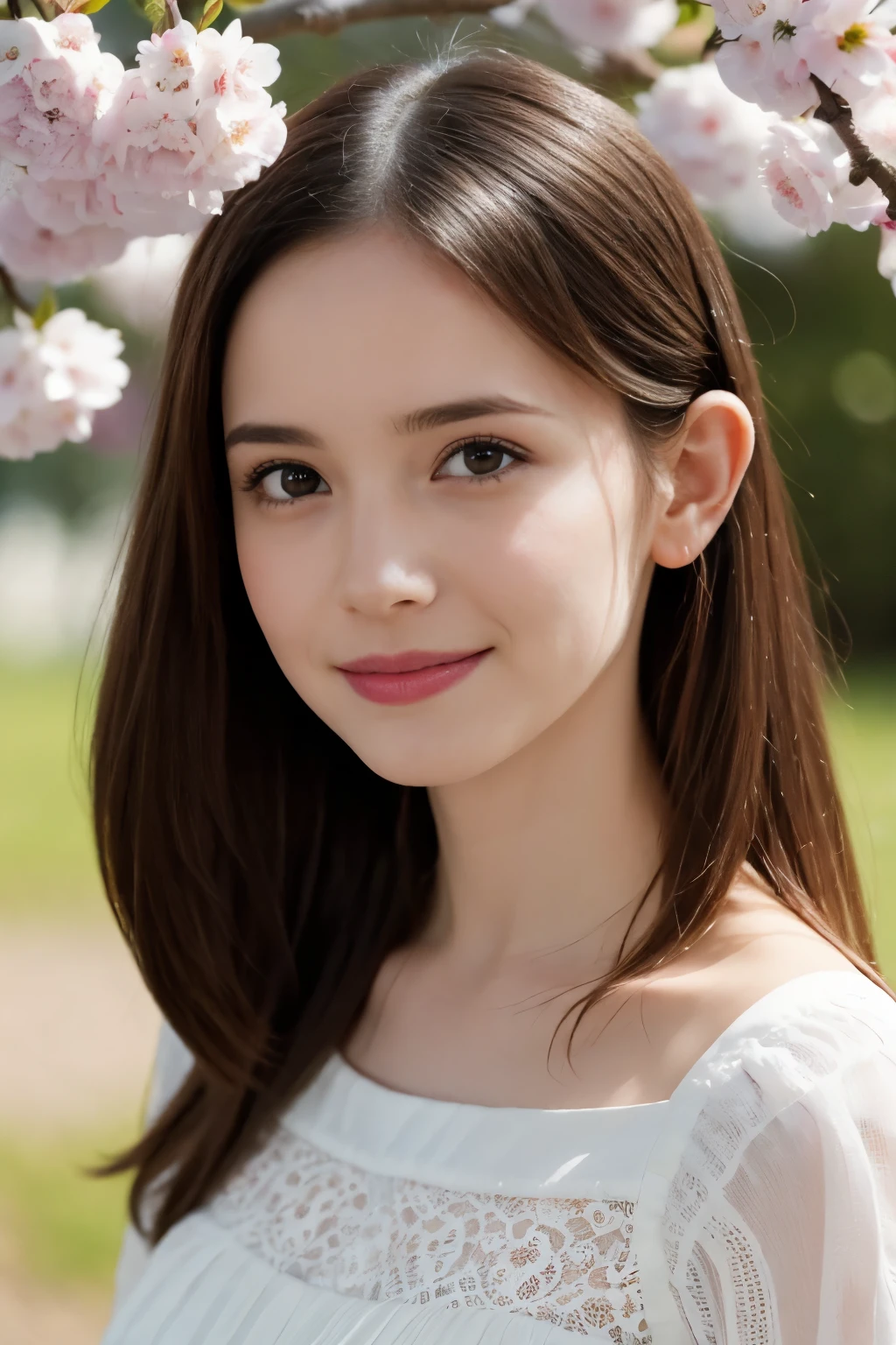 Masterpiece, Best quality, 8k, 18 ans, Photo brute, absurdes, Award-winning portrait, sourire, sourire, pure, french, elegant vibrant pink dress, spring, orchard in bloom, laces, famous singer, cute, sweet, cherry lips