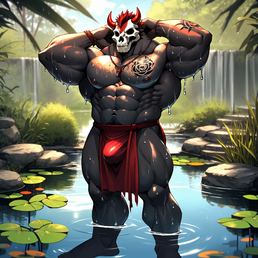 Red Demon, Muscular, Pecs, Abs, Nipples, Skull Head, Tail, Hands behind the Head, Loincloth, Bulge, Smirk, Teasing, Big Pecs, Tattoo on the pecs, legs, Standing, Pond, Wet Body, Feet Submerged in the pond, Sunny, Water Dripping of the Body, No eyes, High Res, High Quality, Best Quality, 