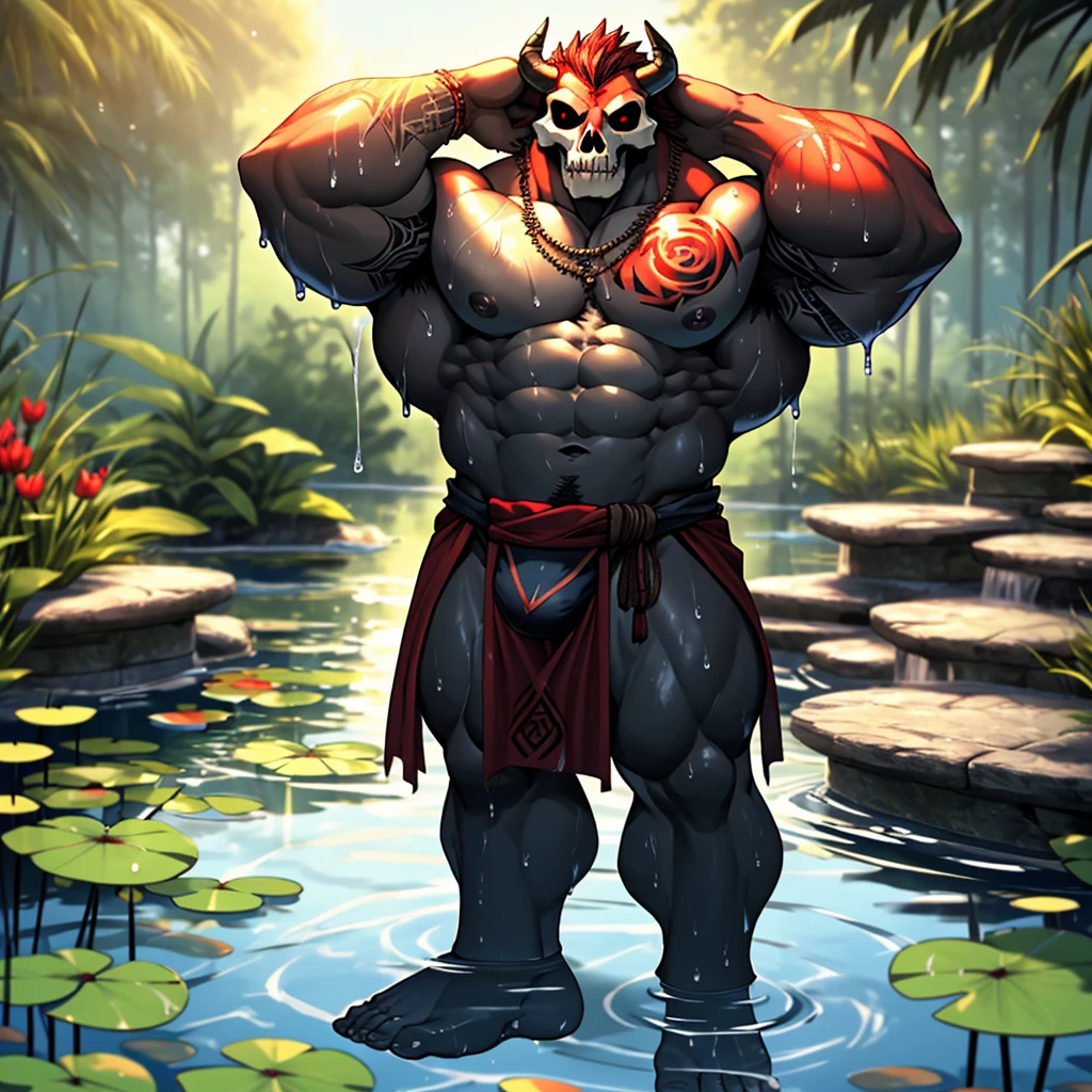 Red Demon, Muscular, Pecs, Abs, Nipples, Skull Head, Tail, Hands behind the Head, Loincloth, Bulge, Smirk, Teasing, Big Pecs, Tattoo on the pecs, legs, Standing, Pond, Wet Body, Feet Submerged in the pond, Sunny, Water Dripping of the Body, No eyes, High Res, High Quality, Best Quality,