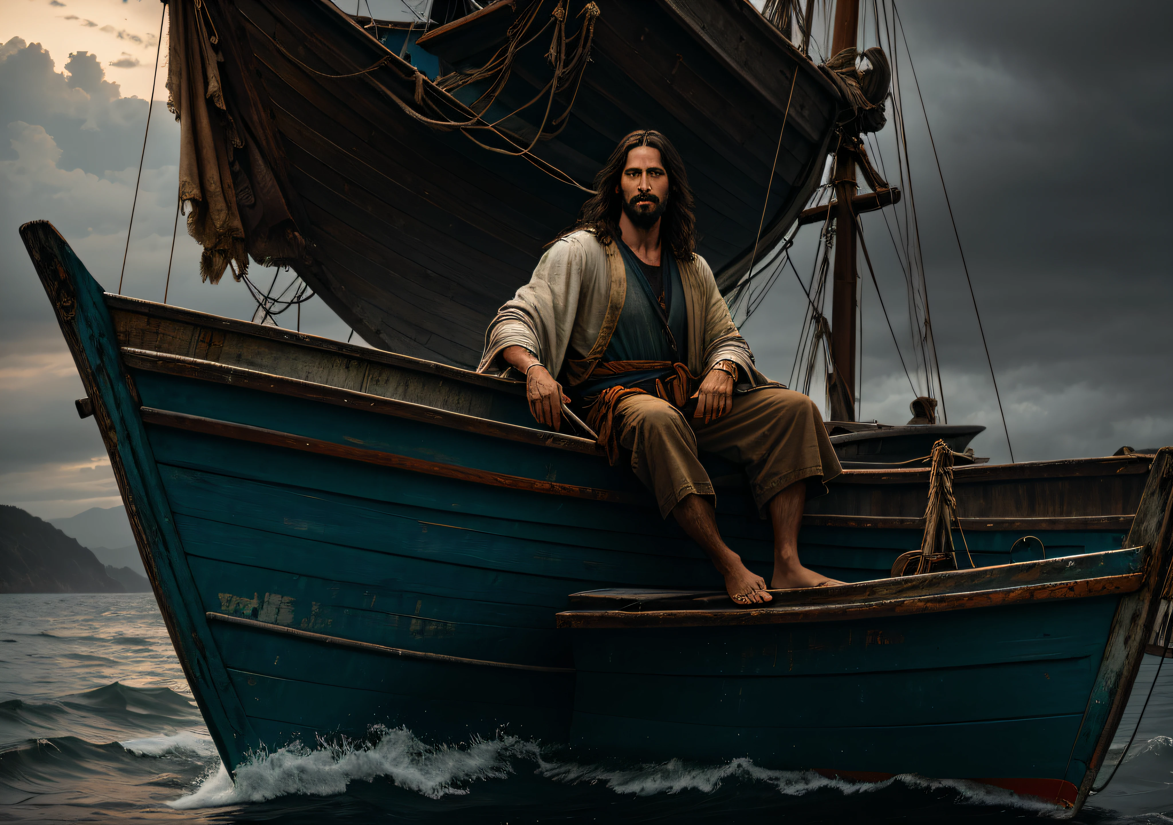 JESUS CHRIST sitting next to an old boat the sea dark photo: realistic epic, soft cinematic portrait, adobe lightroom, photographic lab, highly detailed, faded, art by greg rutkowski and artgerm ,neutral colors: 1,2), (hdr:1,4) , (soft colors:1.2), hyperdetailed, (artstation:1.4), cinematic, warm lights, dramatic light, (intricate details:1.1), complex background, (rutkowski:0.66), (blue and orange:0.4)